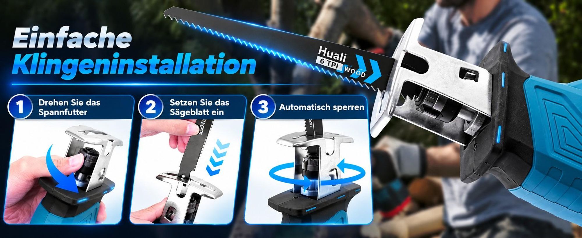 Akku-Säbelsäge 21V Brushless, Cordless Reciprocating Saw mit 2×2,0Ah Akku, 0–4000 U/min, 4 Sägeblätter, für Holz, Metall, PVC & Äste