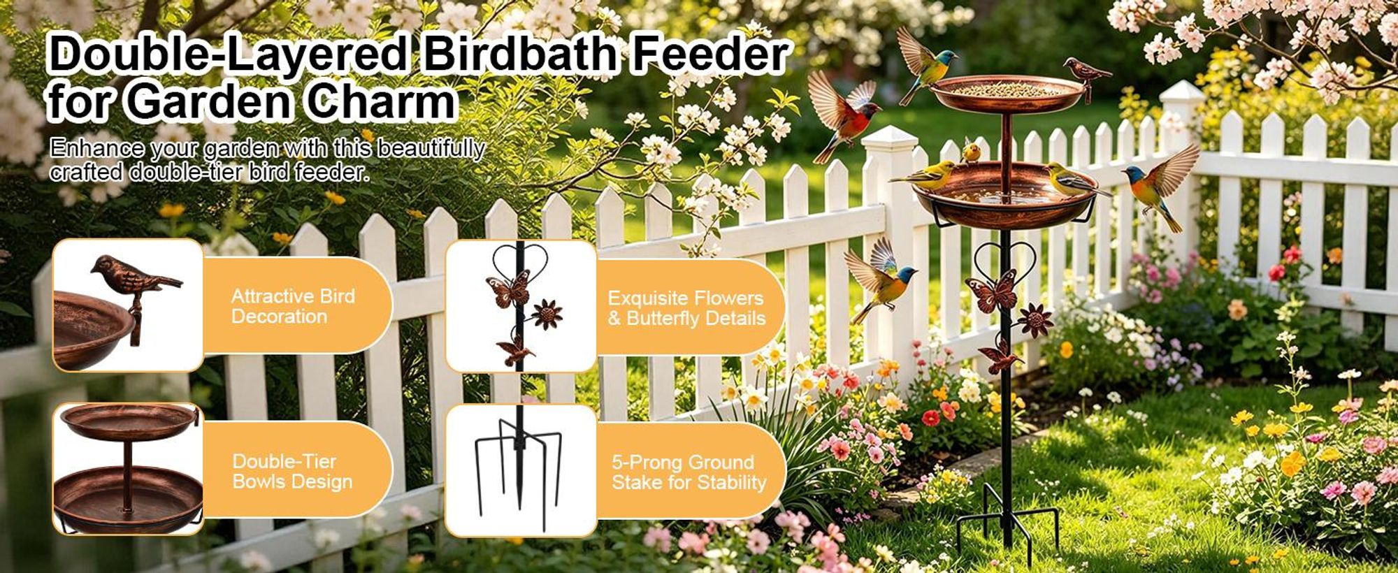 WISFOR Vogeltränke auf Stab, Vogelbad aus Metall, Futterstelle, Gartenstab, Gartenstecker, Gartendekoration