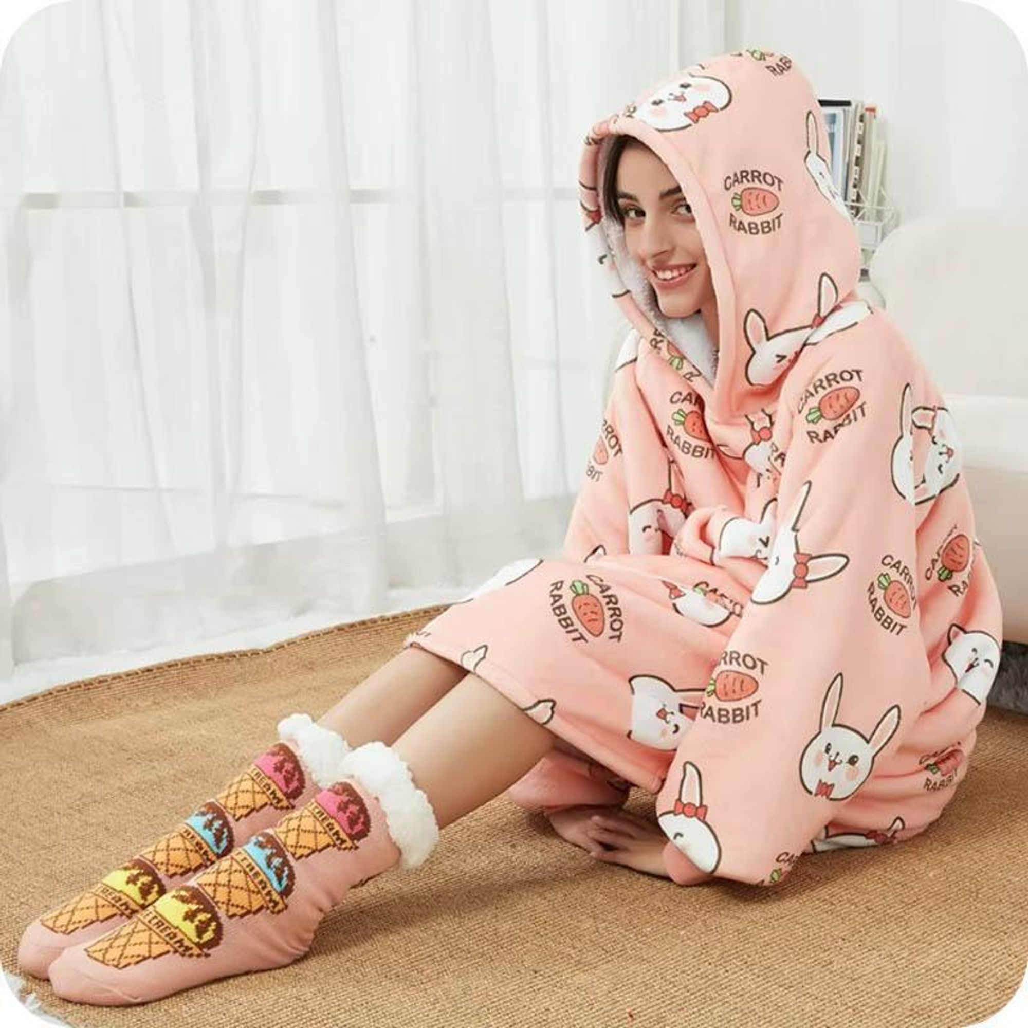 Kuschelige Hoodie Decke mit Ärmeln Häschen – Vielseitiger Deckenpullover für Damen und Herren, Einheitsgröße – Perfekt für Wintertage