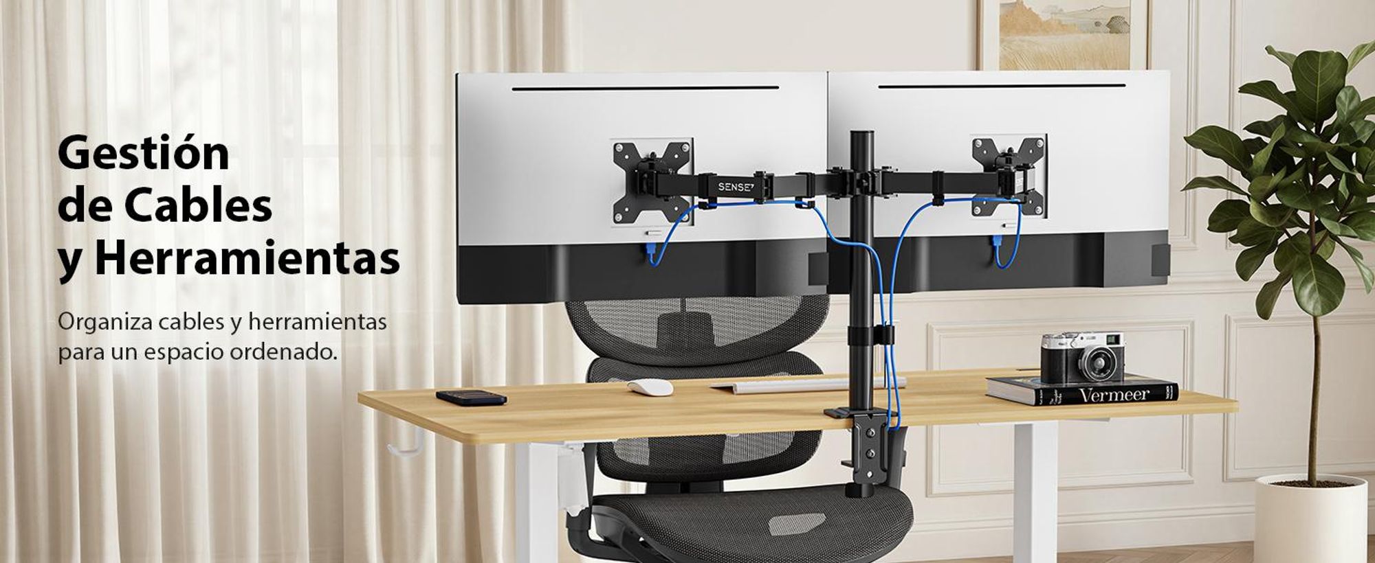 Soporte doble para monitores SENSE7, compatible con pantallas de 17-32 pulgadas, estándar VESA, capacidad de 2 x 9 kg, con sistema de pivote y amortiguación a gas, para escritorio, ideal para 2 monitores, color , diseño ergonómico