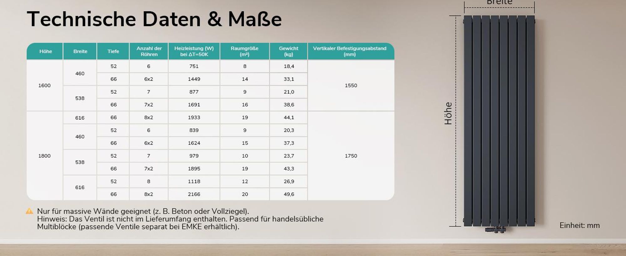 EMKE Heizkörper Flach 180 x 61,6 cm Doppellagig 2166 W Anthrazit Design Paneelheizkörper