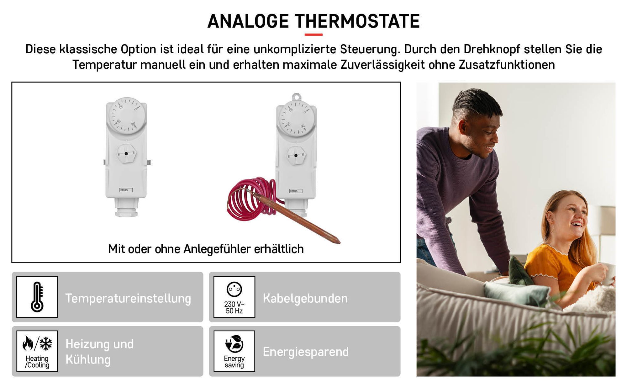 EMOS Thermostat mit Tauchhülse, mechanisch, für Heizung und Kühlung, Temperatur-Regelung 0-90°C, 230V, 16A/4A, P5685