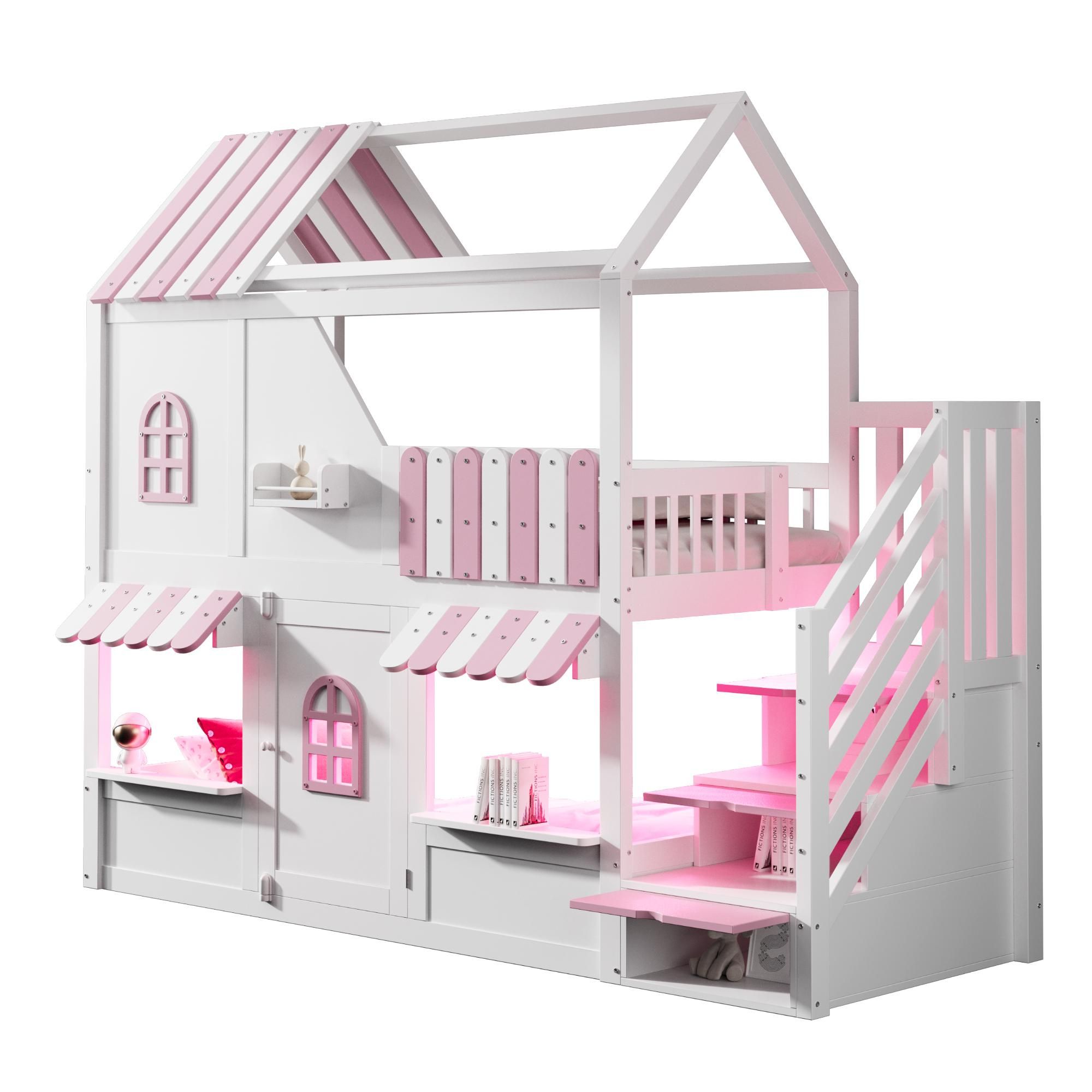 Flieks Etagenbett 90x200cm mit Led, Kinderbett Hausbett mit Fenster und Dach, Kinder Hochbett mit Treppe und Stauraum, Einzelbett Holzbett Weiß Rosa