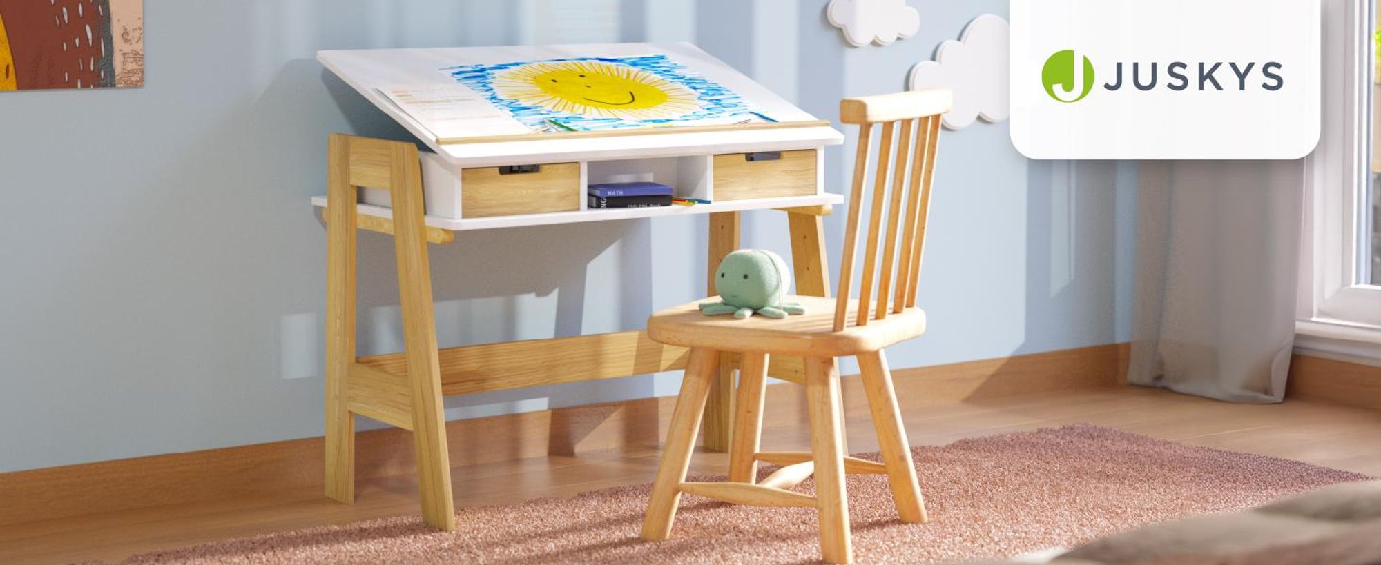 Juskys Kinder Schreibtisch Fietje Plus - Neigungs- & höhenverstellbarer Lerntisch - 2 Schubladen