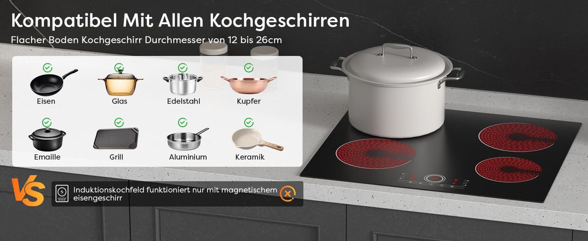 CDV Glaskeramikfelder 60 cm Einbau Elektro-Kochfeld 4 Zonen 9 Stufen Touch Control 6000 W CDVER604