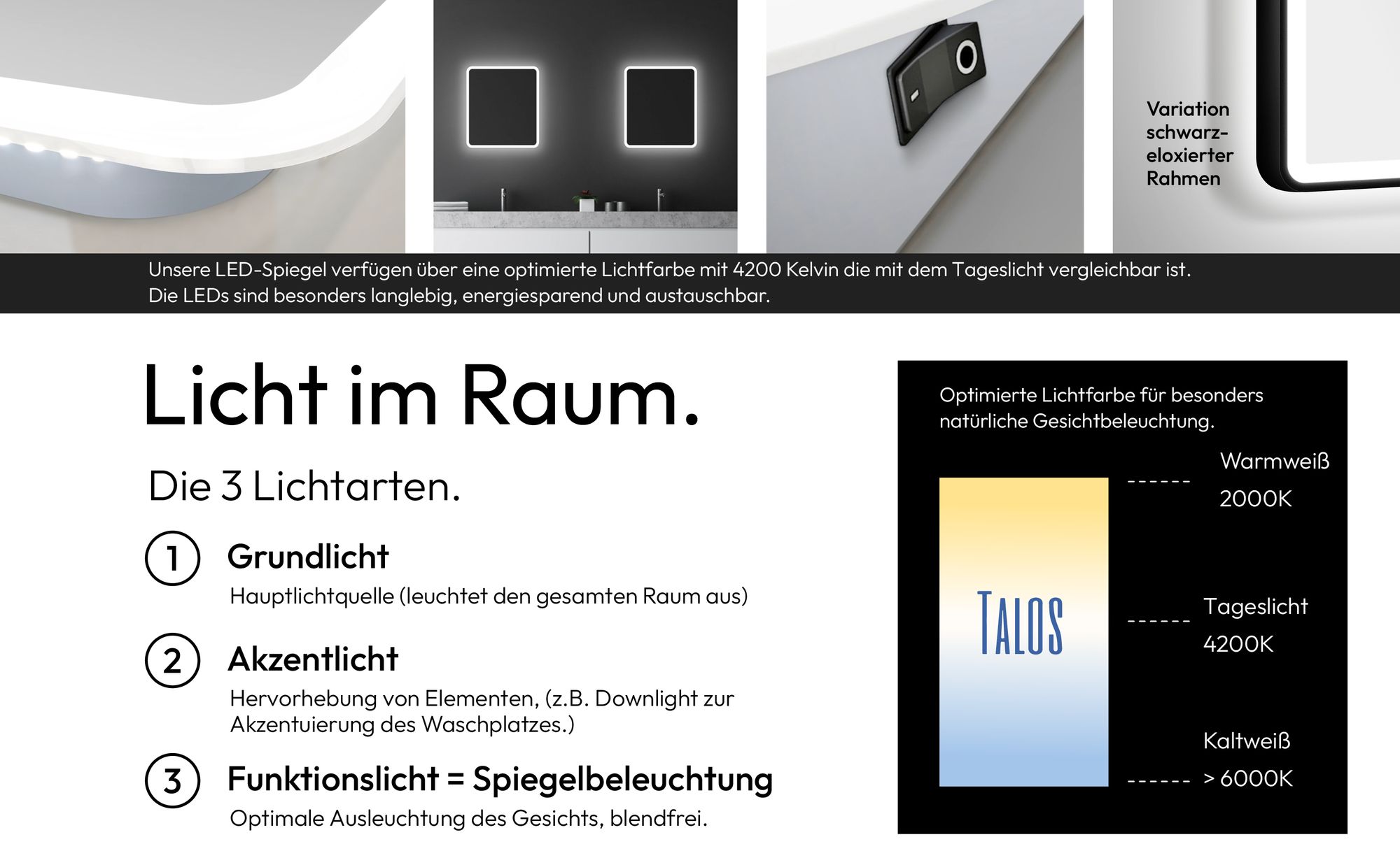 Badezimmerspiegel mit Beleuchtung TALOS Moon LED Badspiegel 120x70 cm - feuchtwassergeeignet durch Aluminiumrahmen - Licht-Farbe Neutralweiß