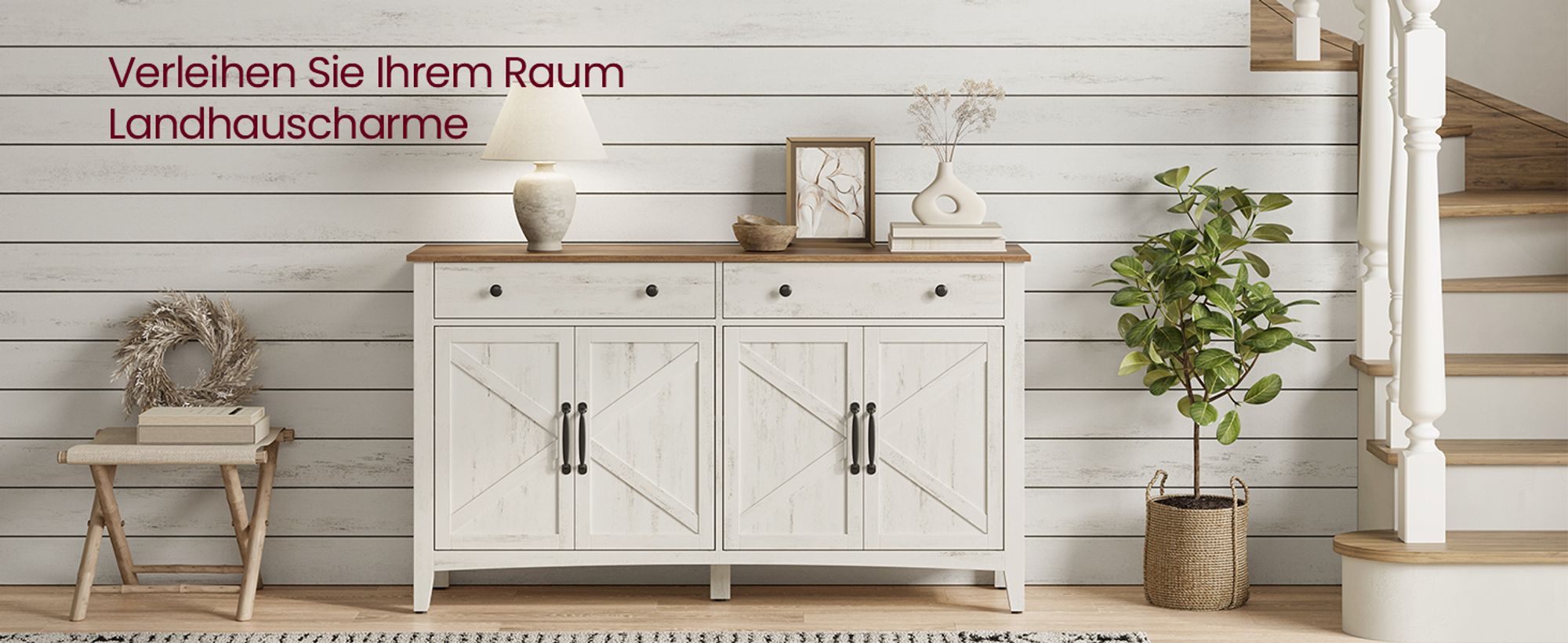 VASAGLE Küchenschrank, Sideboard mit Schubladen, Aufbewahrungsschrank mit Türen, verstellbare Ablage, Landhausstil, für Wohnzimmer Küche Esszimmer