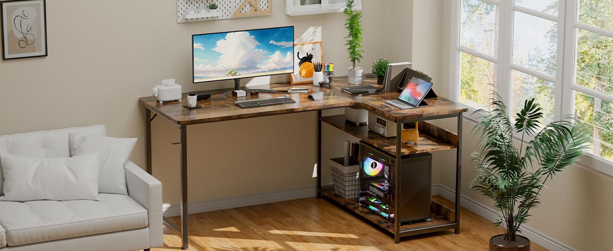 GTPLAYER Narożne biurko dla graczy z półką, portem ładowania USB i gniazdem (1 biurko), 120 cm biurko komputerowe w kształcie litery L, biurko PC do biura