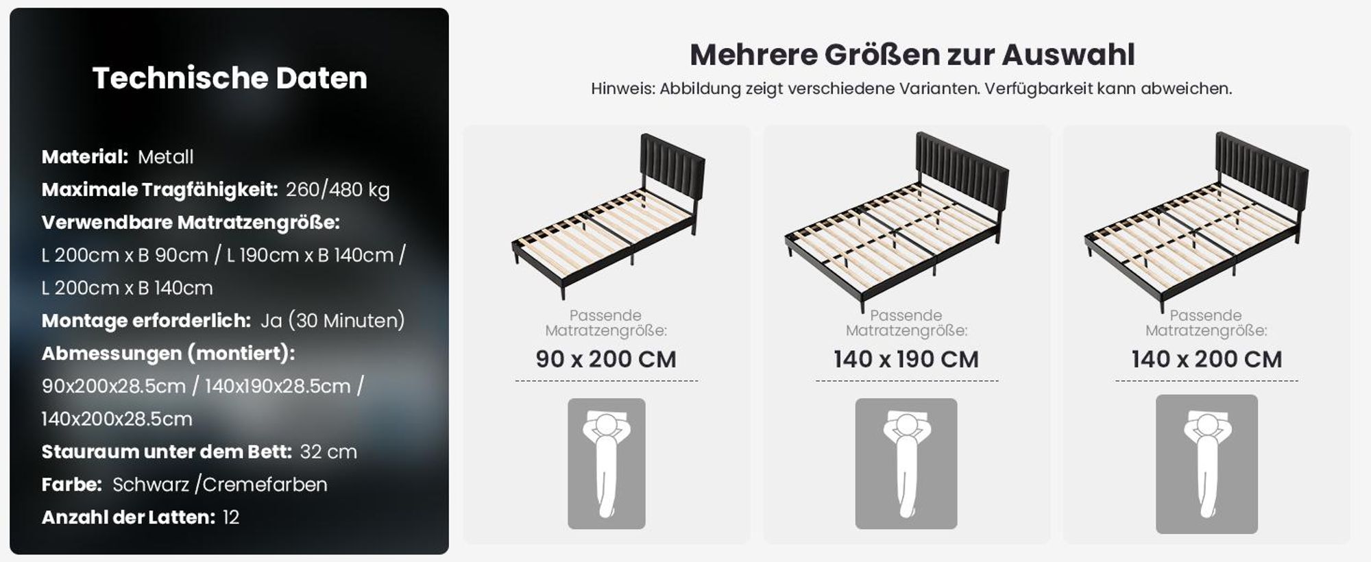 Polsterbett 140x190 cm, Bettgestell mit Höhenverstellbarem Kopfteil und Lattenrost, Stabiler Bettrahmen, Bis 500 kg, Gepolstertes Bett, Schwarz
