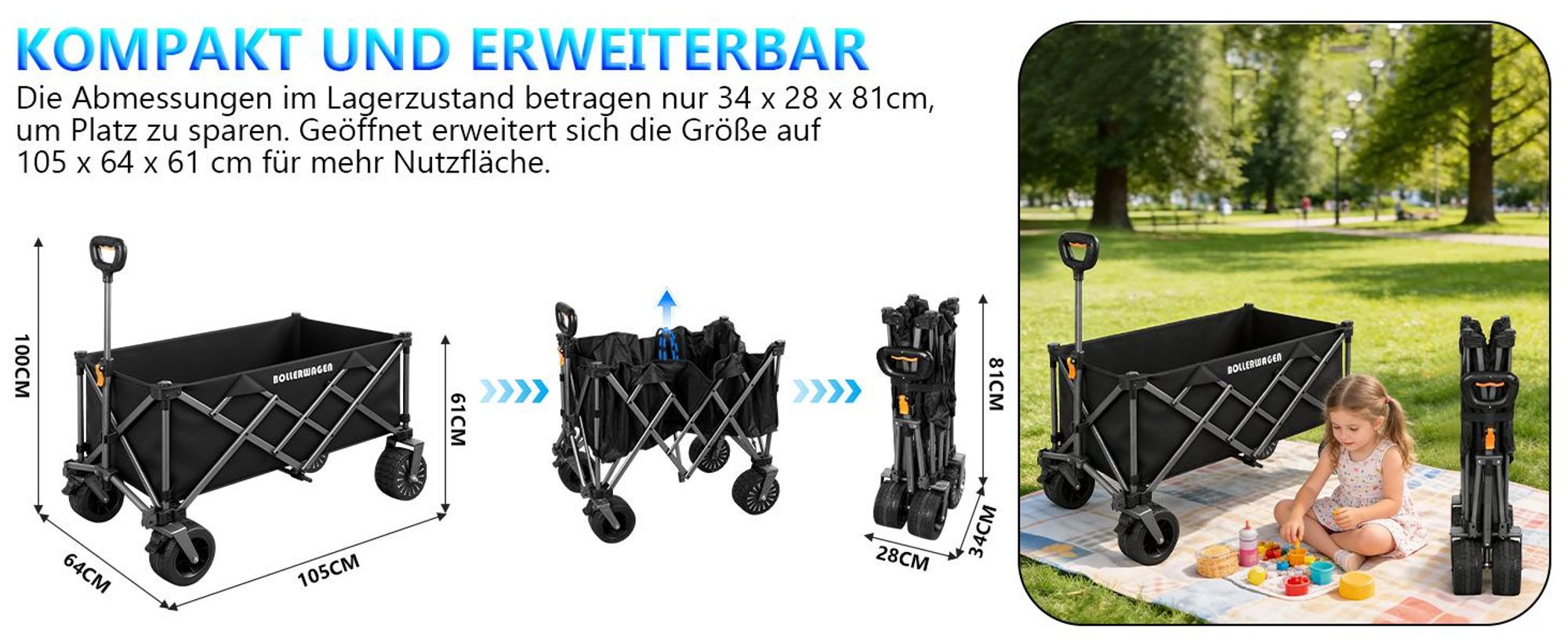 Faltbar Elektrokarre Bollerwagen 280L 120KG mit 50W bürstenlosem Motor Belastbar Gartenwagen mit 4.0AH Akku, 3 Gang, mit Tischplatte, Schwarz