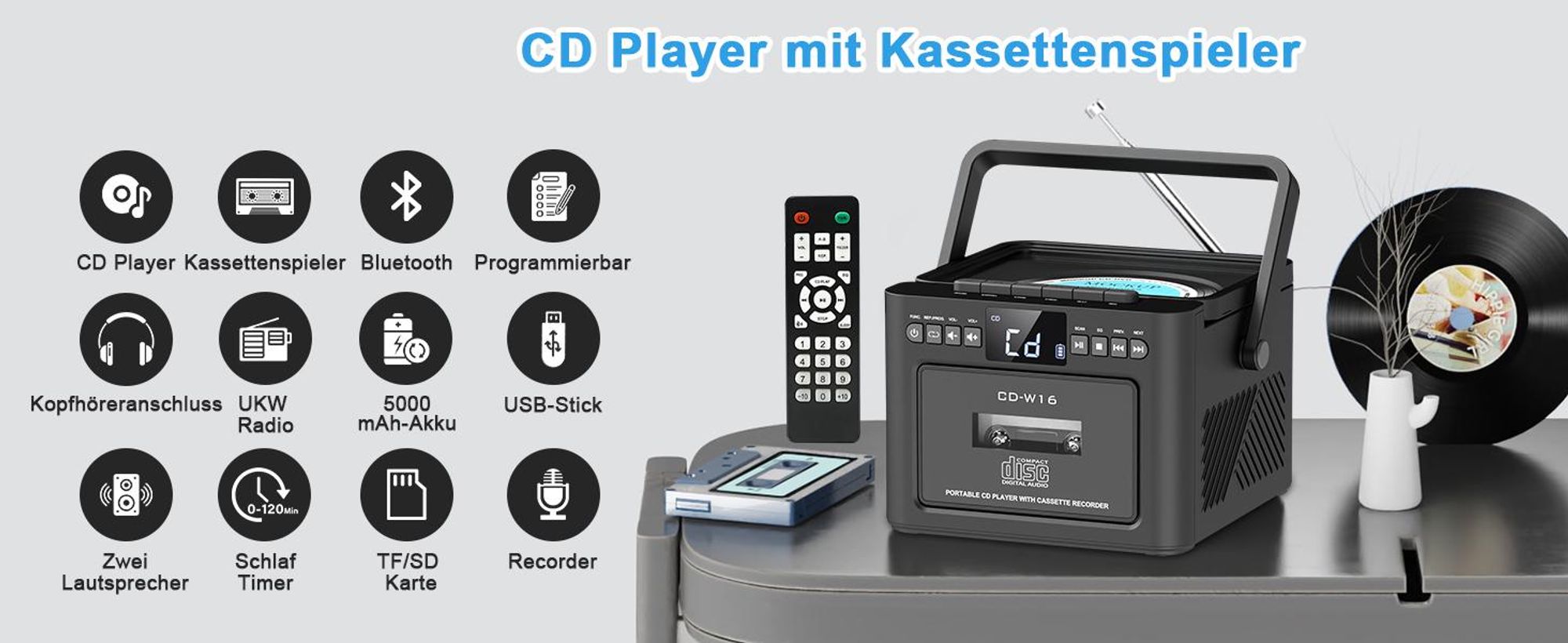 CD Player, Tragbar CD-Player, 5W Bluetooth Lautsprecher, Kassettenspieler mit UKW Radio, 5000mAh wiederaufladbare Akku, Fernbedienung, AUX/USB/SD
