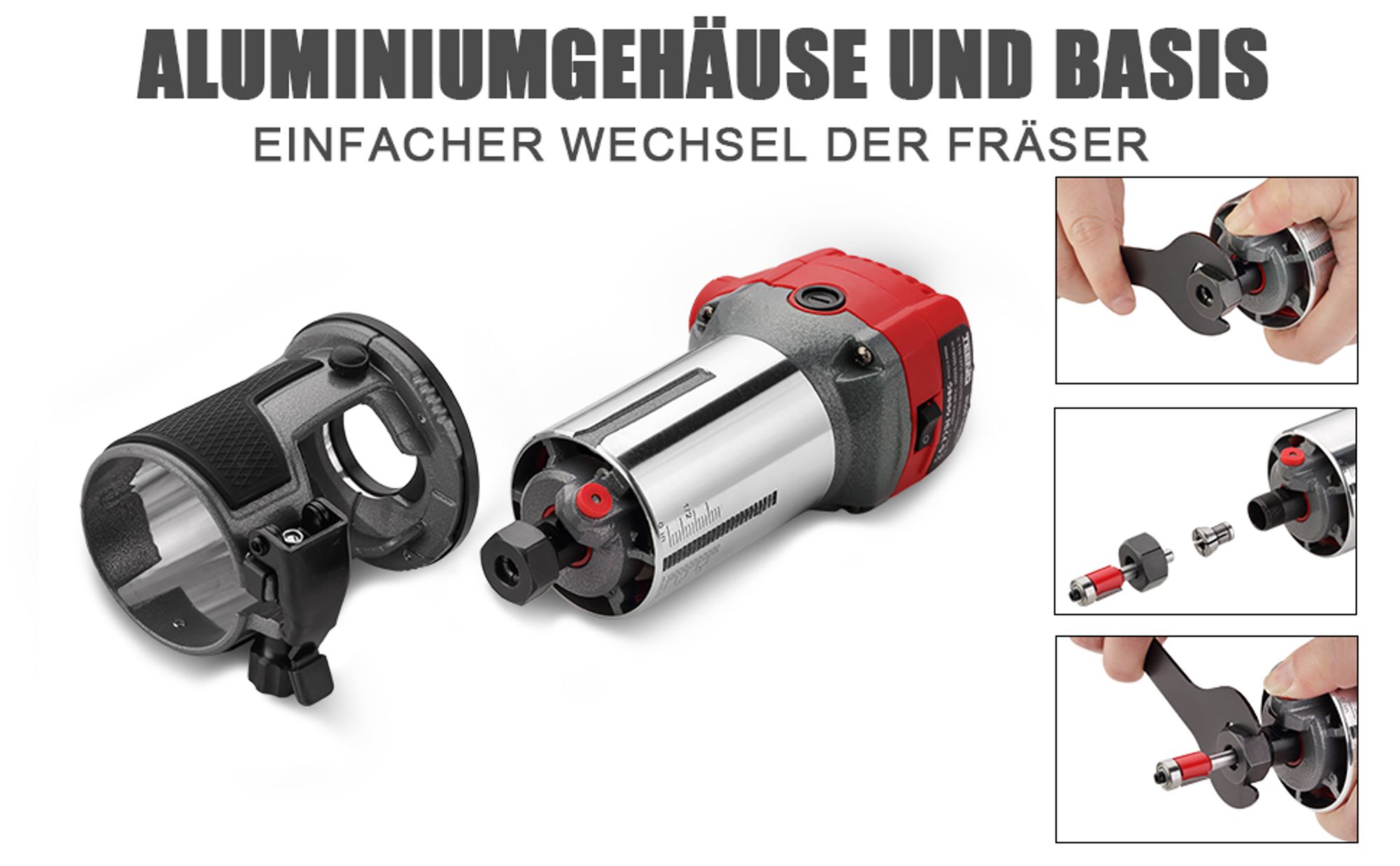 TEENO Holzfräse 710W 13000–33000 U/min mit Staubabsaugungsanschluss, 15 Stück 1/4" Fräsen Cuter, 6 Geschwindigkeiten, Spannzange 6MM, 6.35MM, 8MM
