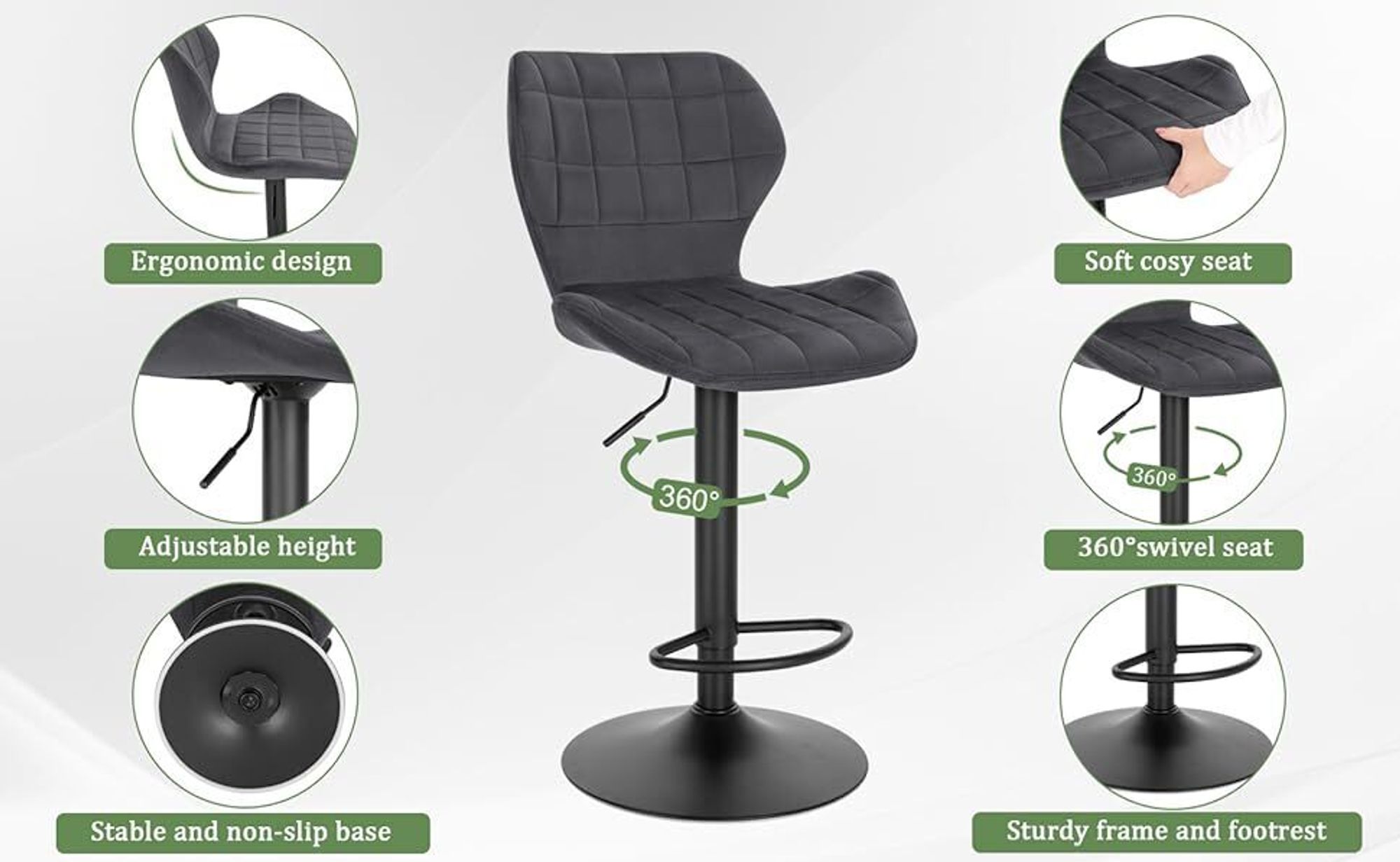 WOLTU Barhocker 4er Set höhenverstellbarer 360° Drehstuhl Barstuhl aus Samt Metall, Dunkelgrau