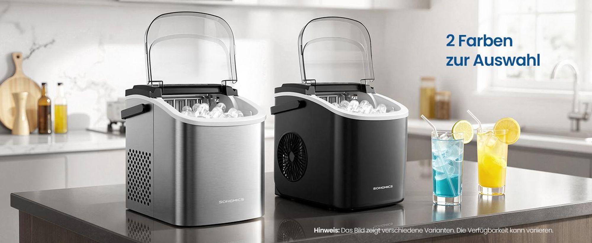 SONGMICS Eiswürfelbereiter tragbar, Eiswürfelmaschine mit Selbstreinigung, 2 Würfelgrößen, für Küche, Camping, Party, silbern