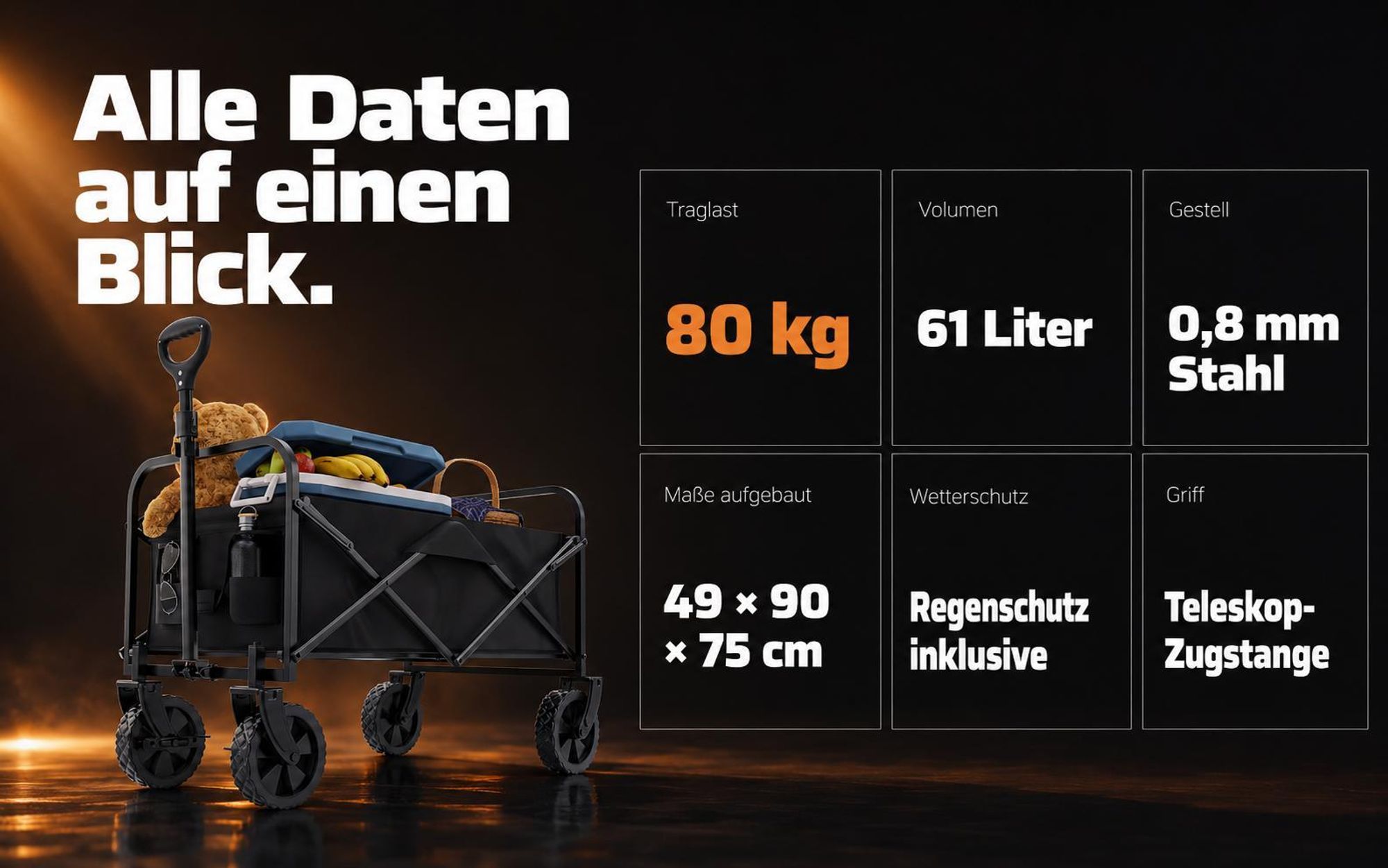 ONBEST Bollerwagen | faltbar | mit Schutzhaube | 61L | 80 kg | 0,8 mm Stahl | Schwarz | Wasserabweisend | 210D Oxford-Gewebe