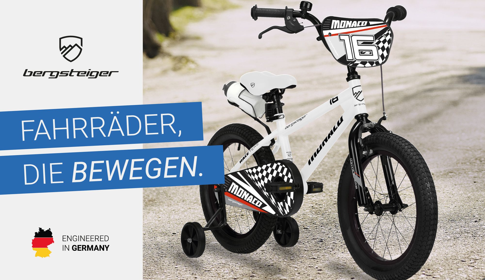Bergsteiger Monaco 16 Zoll Kinderfahrrad, geeignet für 4, 5, 6 Jahre, BMX, Stützräder, Rücktrittbremse, Trinkflasche, Kettenschutz