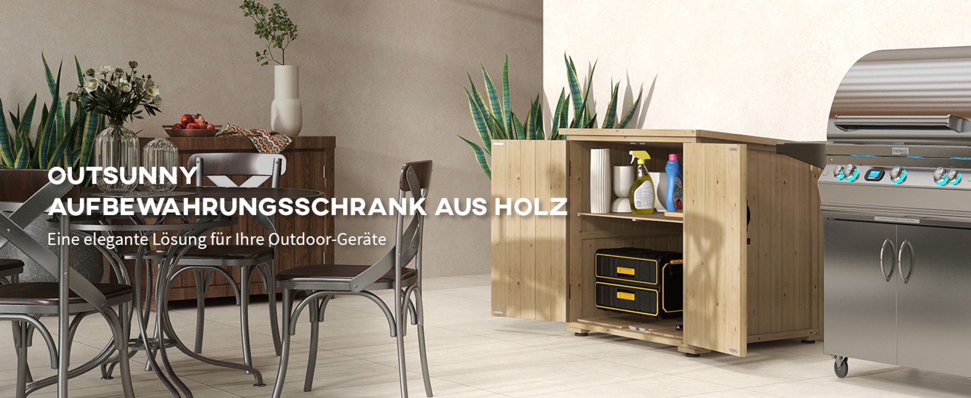 Outsunny Gartenschrank, Geräteschrank, Wetterfester Geräteschuppen, Holzschrank mit Doppeltür, Gartenschuppen für Garten, Balkon, Natur, 77,5 x 88 x 90 cm