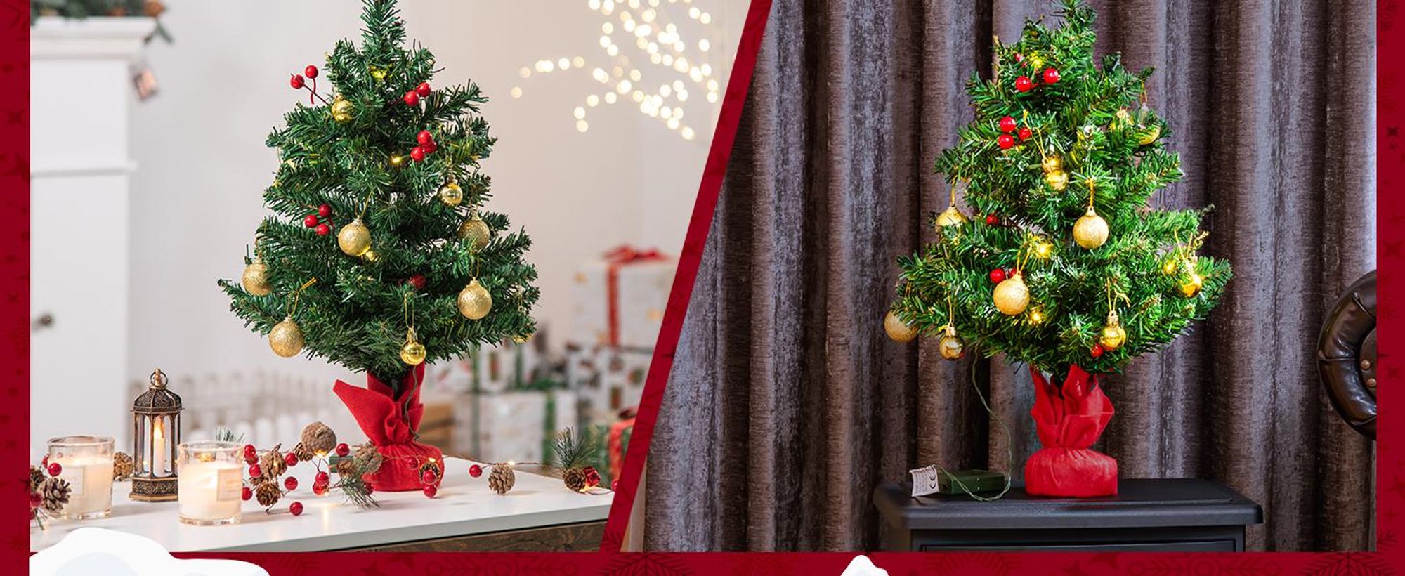 HOMCOM Mini sztuczna choinka 60 cm Sztuczna jodła z 73 końcówkami, 8 jagód ostrokrzewu, choinka z bombkami, cementowa podstawa, dekoracja świąteczna do wnętrz, biura, salonu