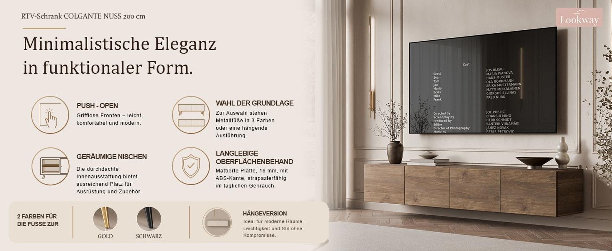 Hängender TV-Schrank COLGANTE NUSSBAUM 200 cm, LED-Beleuchtung