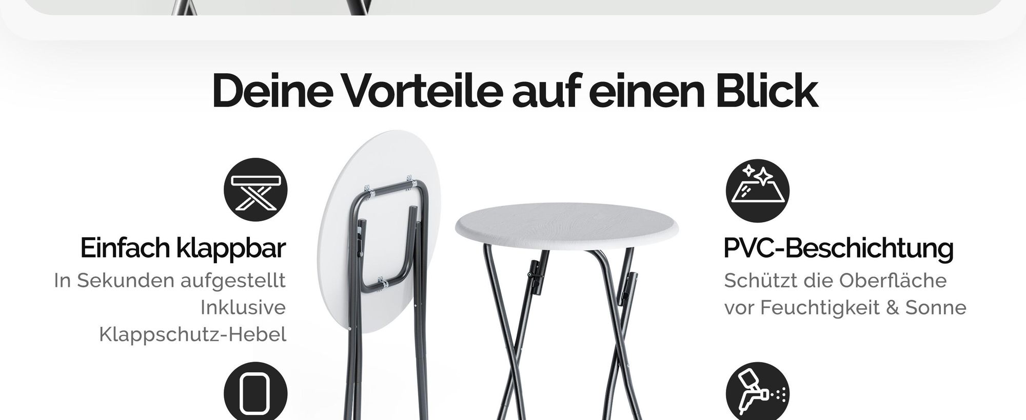 Klappbarer runder Stehtisch Ø 60cm, Höhe 110,5cm, weiß Holzoptik, rutschfeste Standfüße