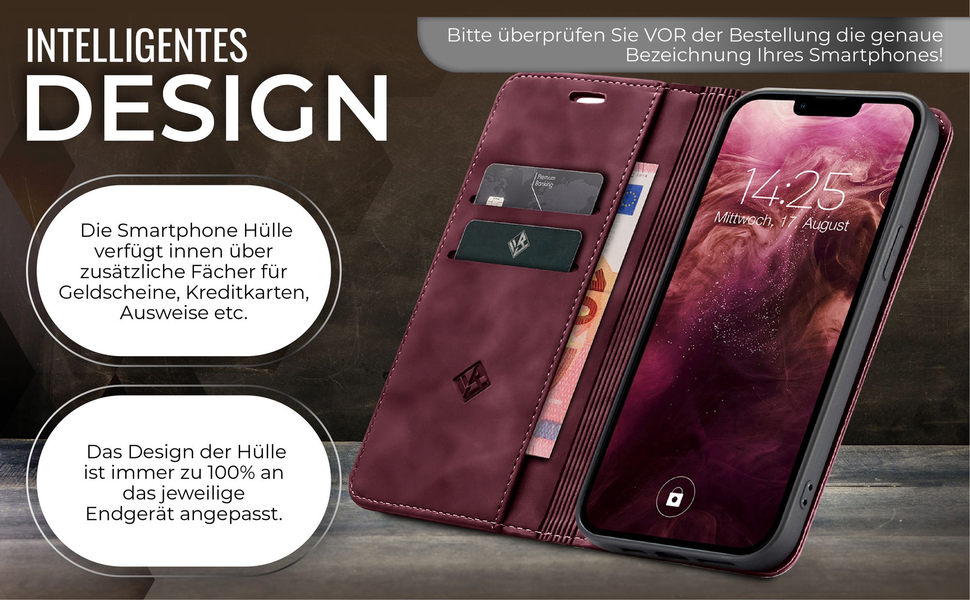 Edle Schutzhülle in Weinrot für Apple iPhone 13 mit Kartenfächern und Geldfach