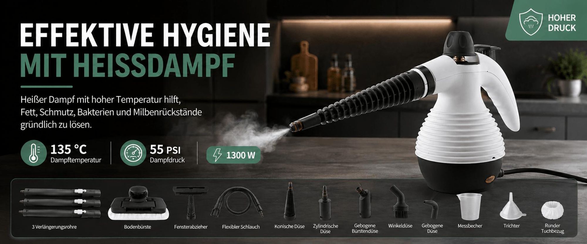 1050W Natürlicher Dampfreiniger, Hand-Dampfreiniger mit 16 Zubehör, Heimgebrauch Mehrzweck-Dampfgarer für Böden, Fenster, Küche, Sofas, zur Reinigung