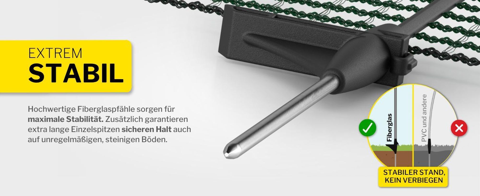 horizont Begrenzungszaun FLEX, 15 m lang & 90 cm hoch, engmaschig, mobiler Spezialzaun mit 9 separaten Pfählen aus Fiberglas, Gartennetz, Hundezaun, Absperrzaun, für Camping
