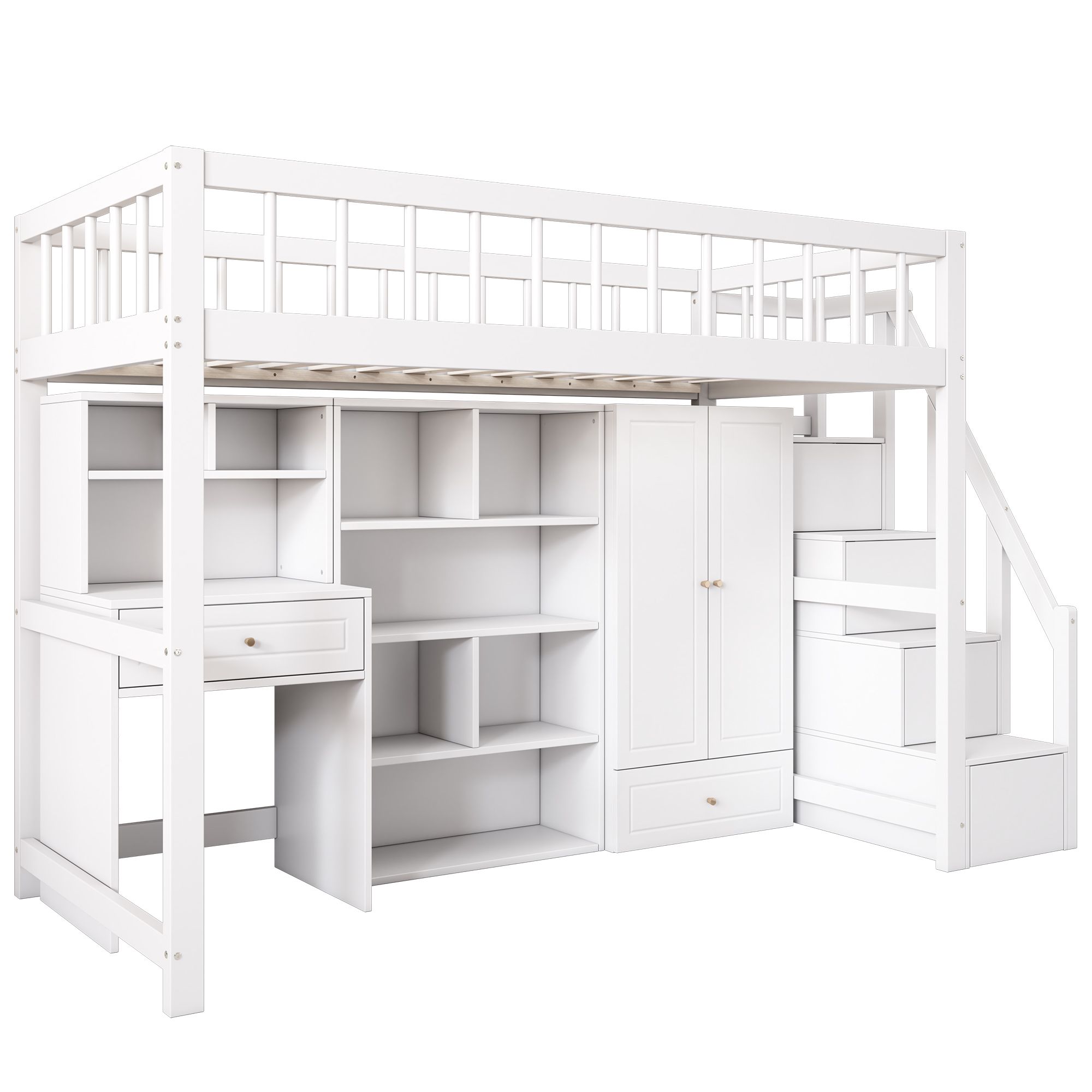 Flieks Etagenbett 90x200cm mit Rausfallschutz, Hochbett mit Treppe, Komplettes Schlafzimmerset, Kinderbett mit Kleiderschrank Schreibtisch Regal, Weiß