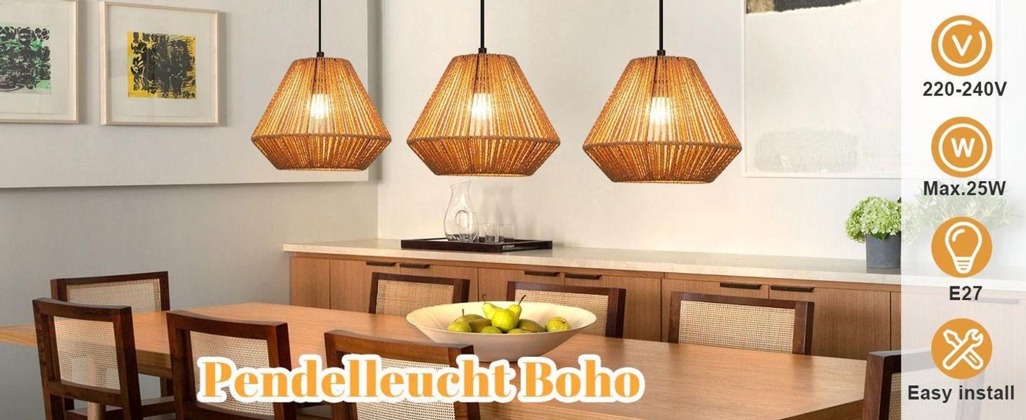 Lámpara colgante ZMH estilo bohemio, lámpara de ratán, regulable en altura, ideal para el comedor, con 3 luces, lámpara de mesa retro con casquillo E27