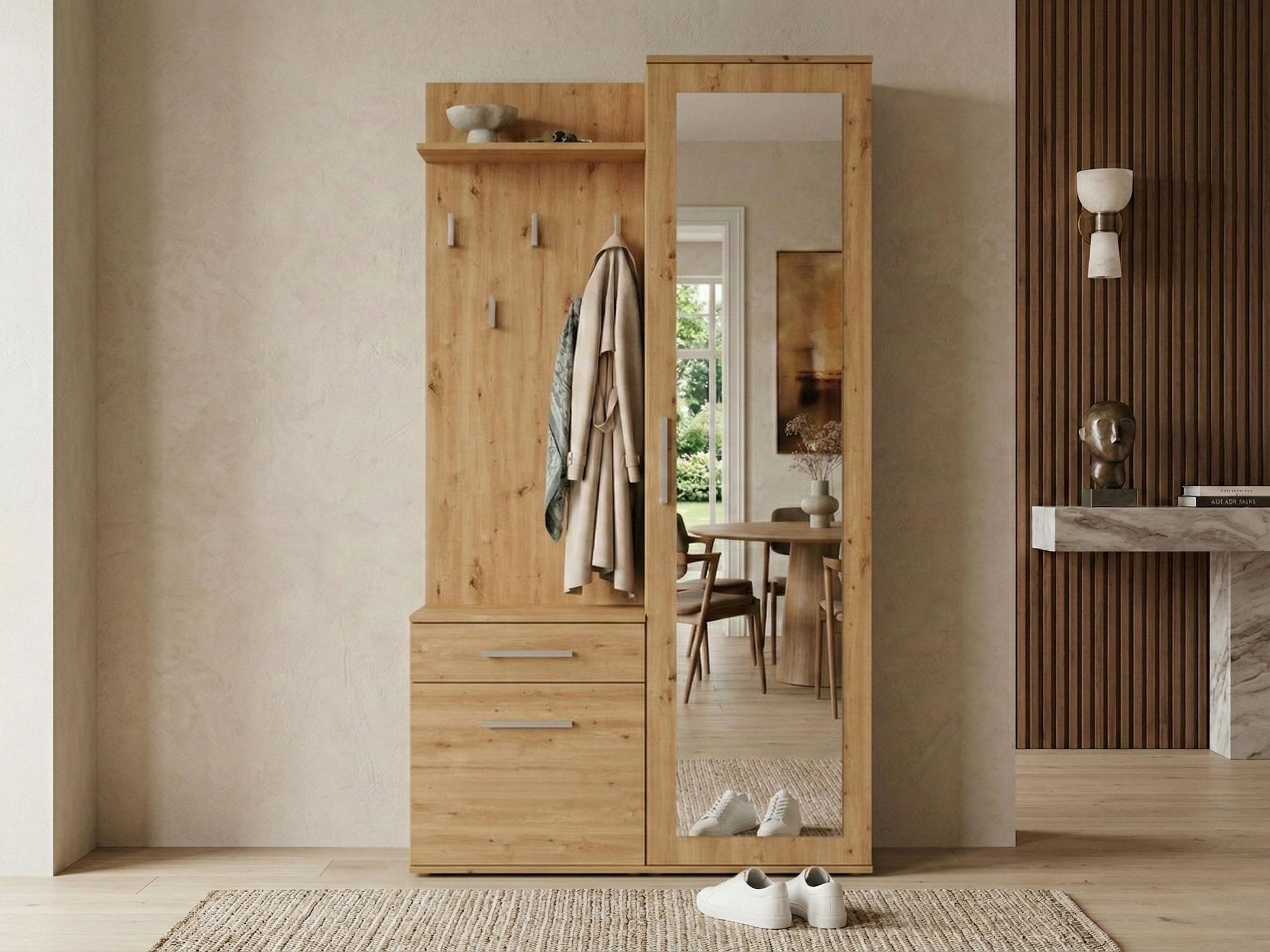 BEAUTYSOFA | Vestiaire compact FIORA - Ensemble vestiaire modulaire Vestiaire d'entrée avec miroir, meuble à chaussures, chêne Artisan