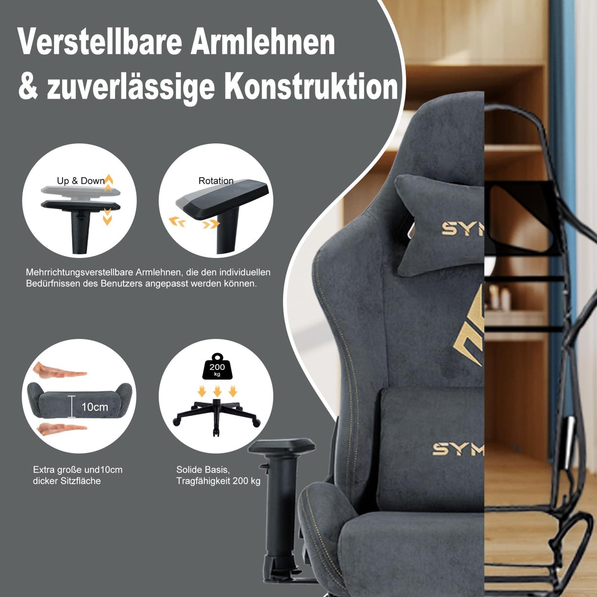 Grauer Gaming-Stuhl mit verstellbaren Armlehnen und Stabilitätsangaben