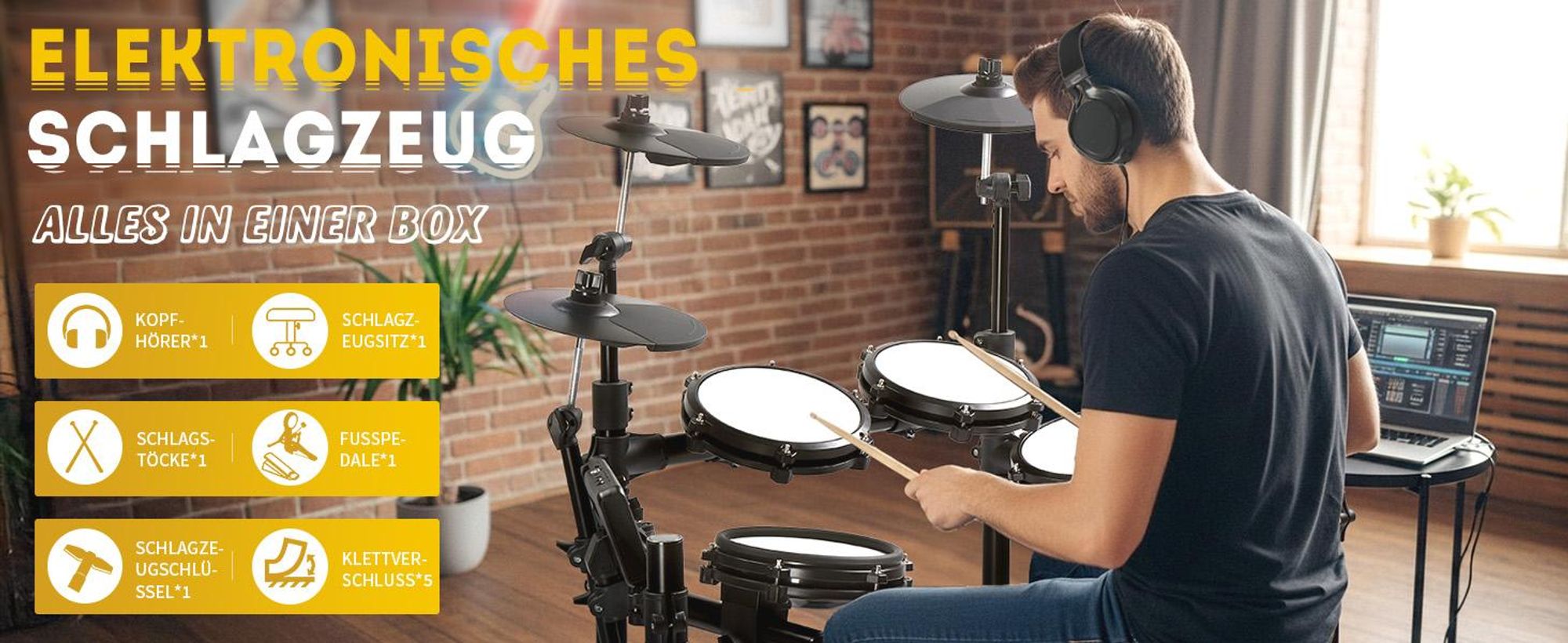 FCH E-Drum-Set,Komplettset, Kopfhörer Sticks Drumhocker ,Trommelhocker/Drumsticks/Kopfhörer/Audiokabel, Kinder Elektronisches Schlagzeug Set