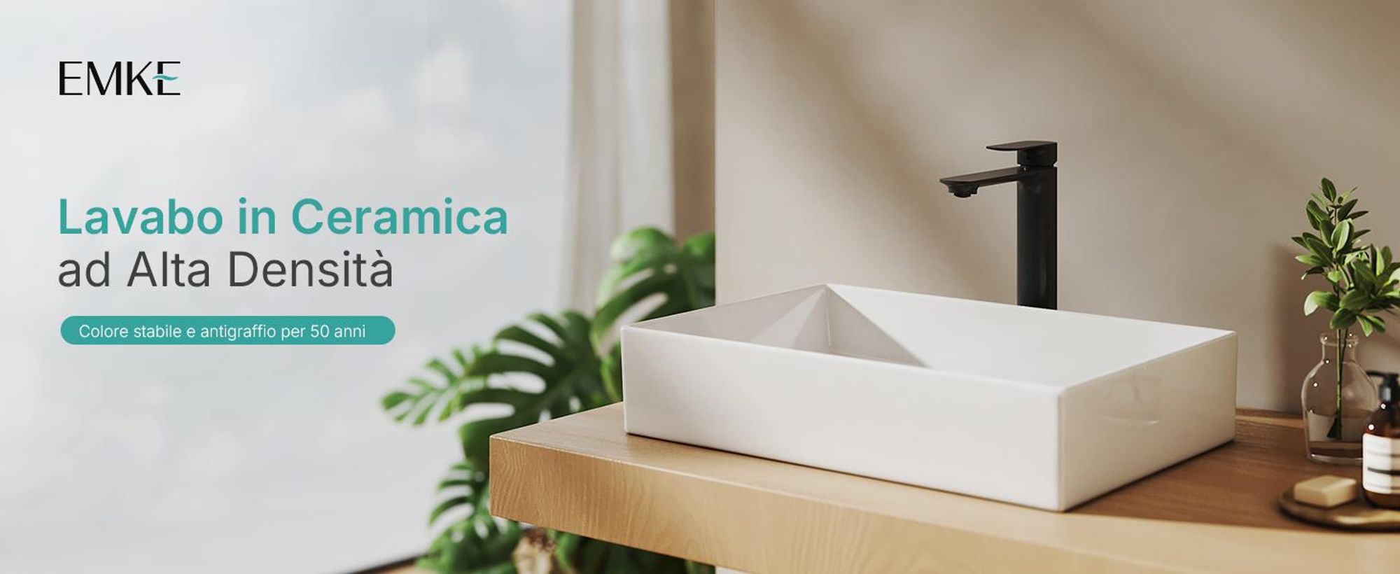 Lavabo da appoggio EMKE 505/510x370 mm rettangolare con curve dolci, ceramica bianca lucida, senza foro per rubinetto e troppopieno, design moderno