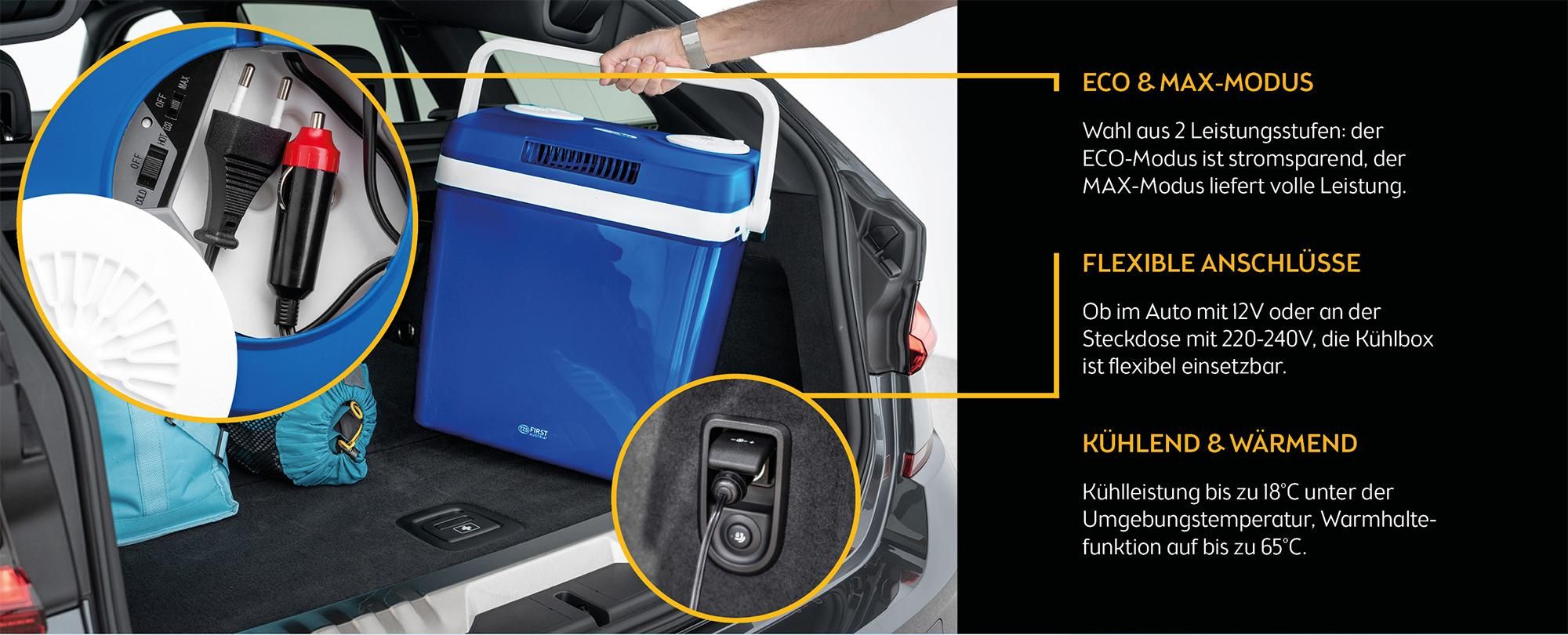 TZS First Austria - Kühlbox 32L elektrisch 12V 230V Anschluss für Auto & Steckdose - Thermoelektrisch - Blau