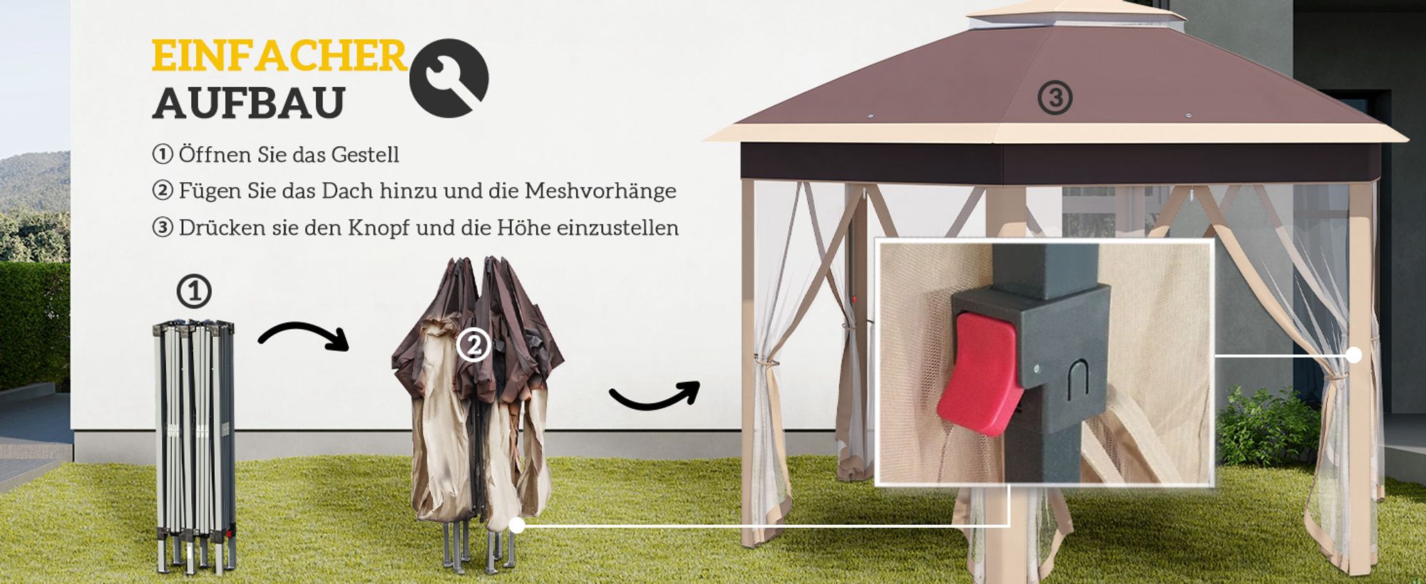 Outsunny Gartenpavillon Faltpavillon 4 x 4 m Pop-Up-Zelt Partyzelt inkl. Tragetasche 6 Seitenteile Doppeldach sechseckig Beige+Khaki