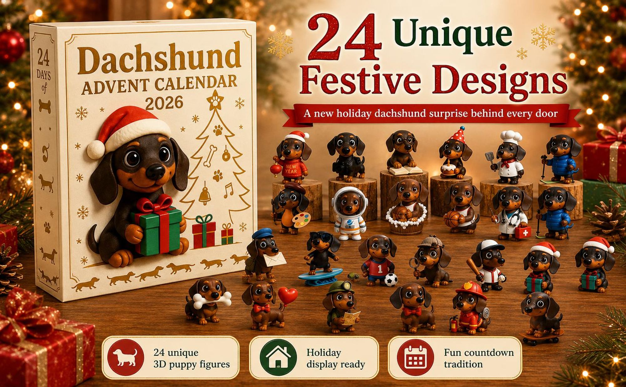 2026 Dachshund Adventskalender – 24 Tage 3D Dackel Figuren, Weihnachtsornamente & Geschenk für Hundefreunde