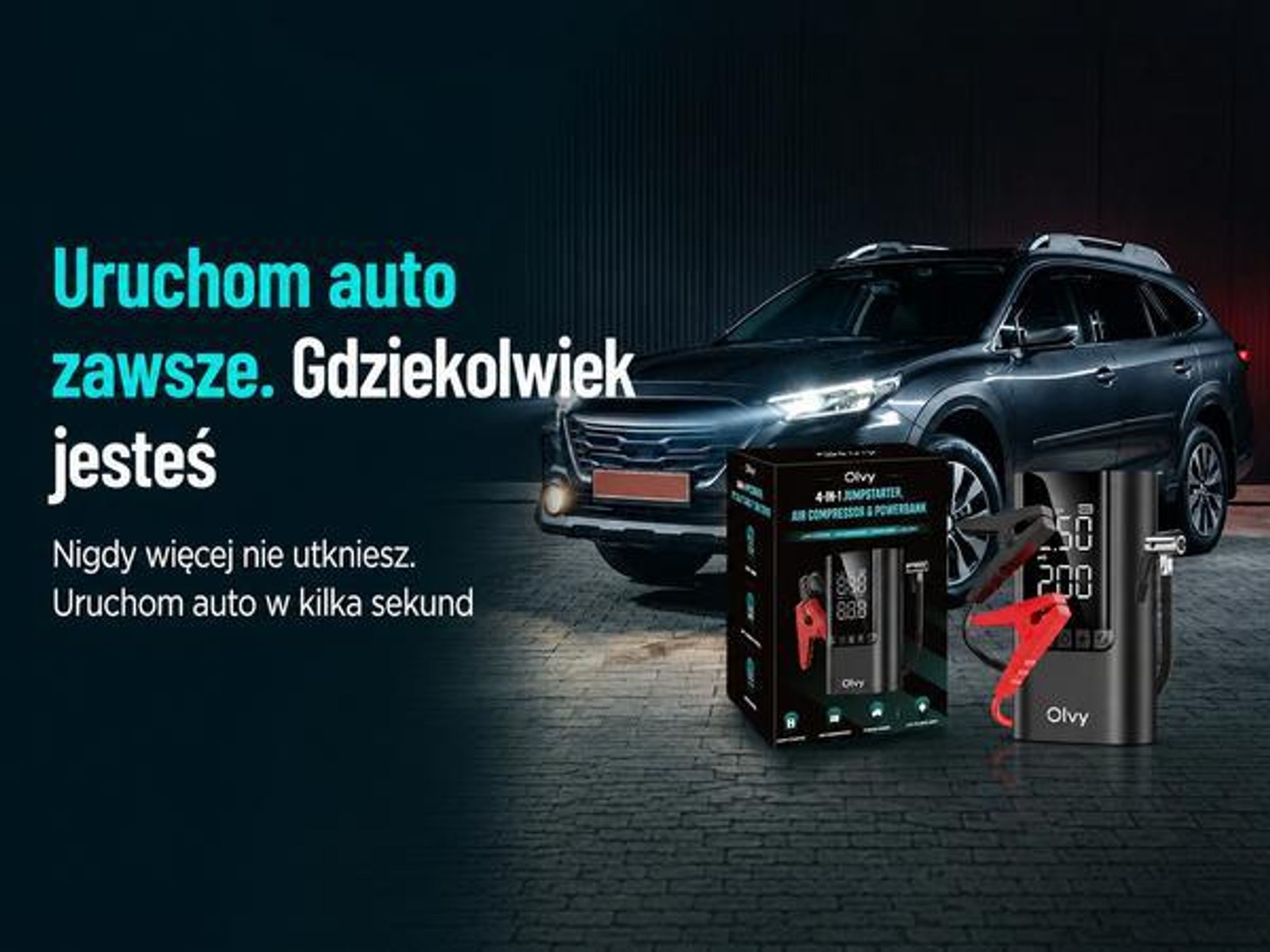 Rozrusznik samochodowy Olvy 5000A power bank 12V - do 7,0 l benzyny i 5,5 l oleju napędowego, rozrusznik z latarką, power bank USB, zabezpieczenie przed zwarciem i wodoodporność
