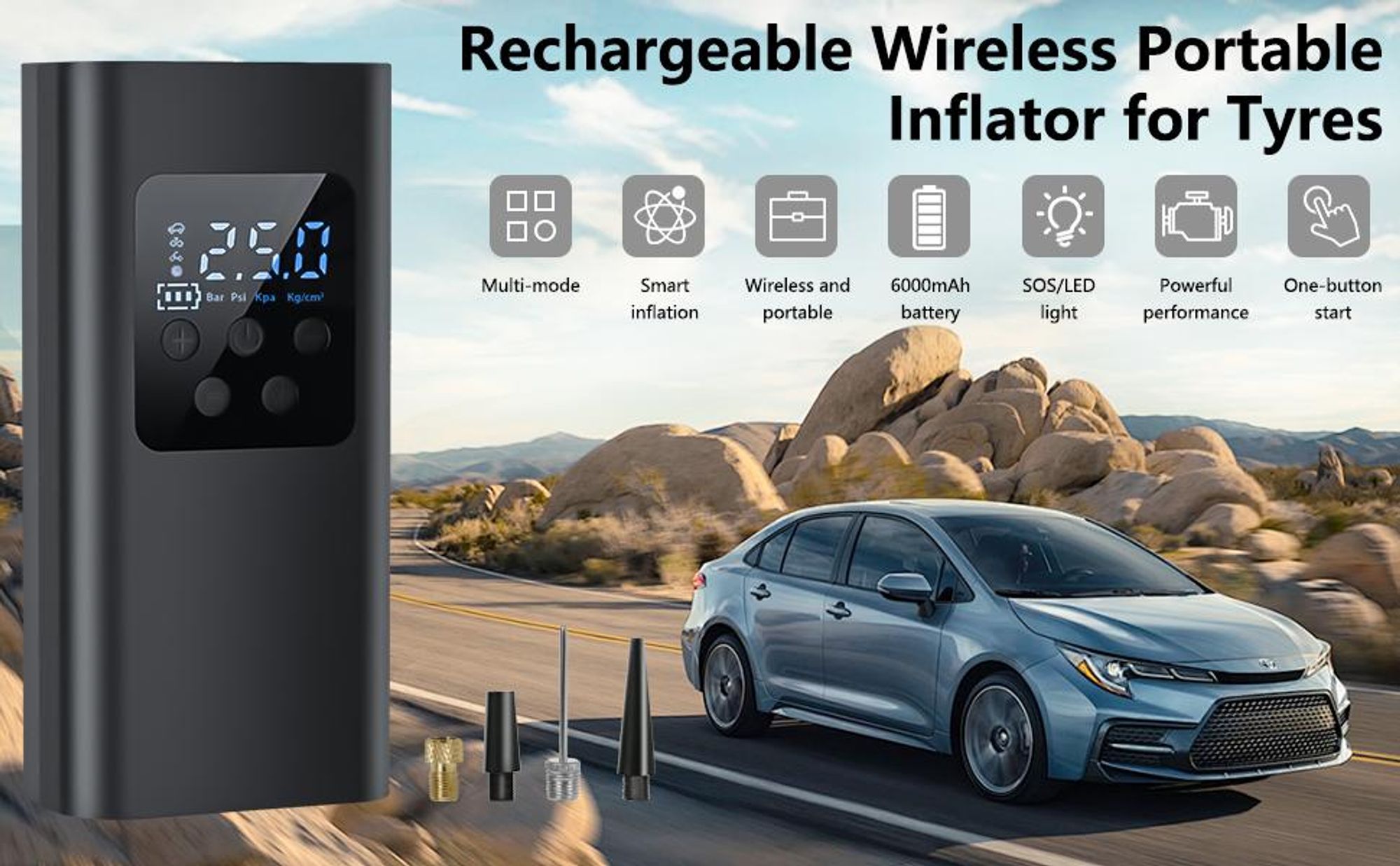 Elektrische Luftpumpe, Tragbare Luftpumpe, 6000mAh Akku Kompressor, 150PSI Fahrradpumpe, Mini Kompressor, mit 4 Düsen