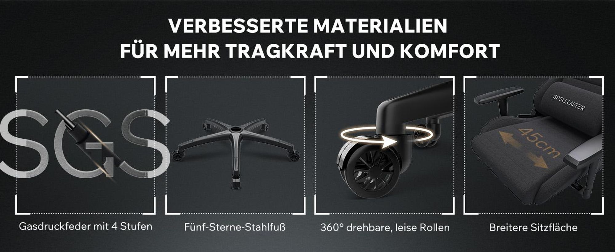 Sense7 Spellcaster FUKU XL Gamingstuhl, Gaming Sessel, Bürostuhl, Ergonomisch Schreibtischstuhl, Drehstuhl mit Kopfstützen bis zu 160kg, Schwarz stuhl