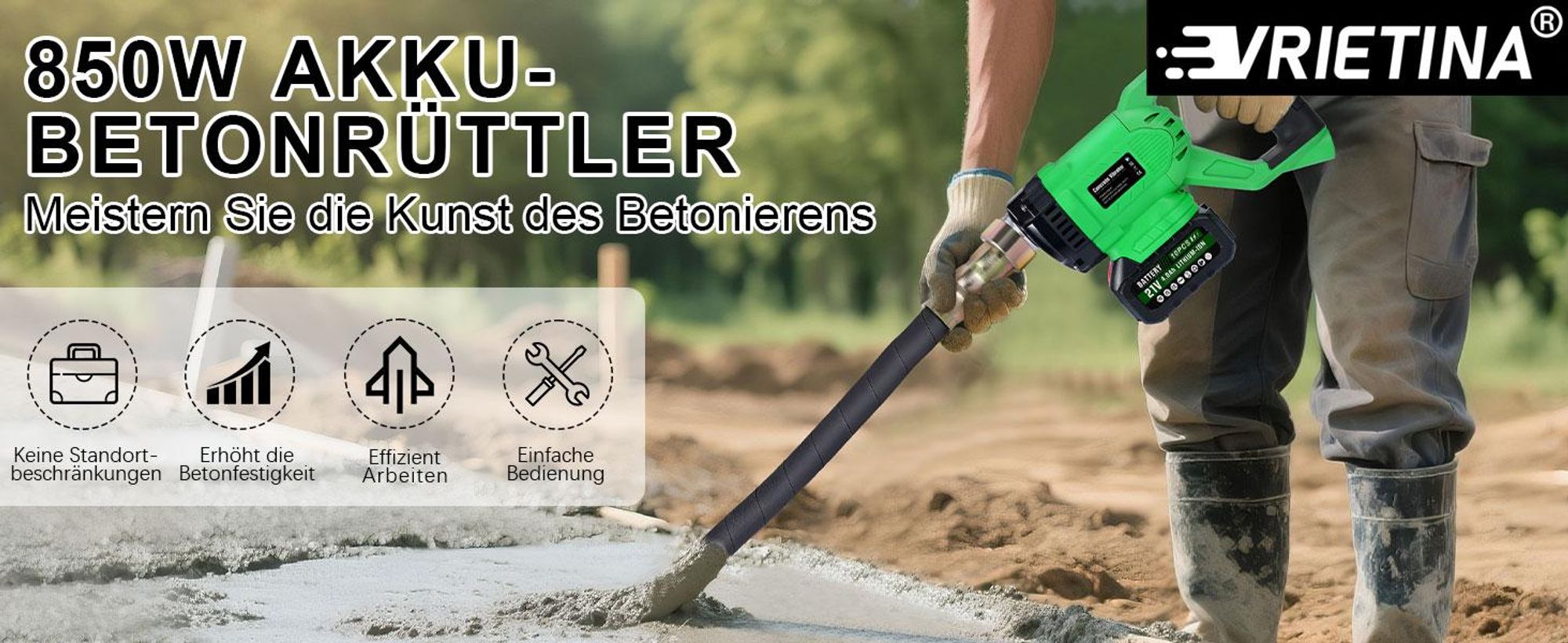 Akku Betonrüttler mit 4,0Ah-Akku, 6000U/min 850W Bürstenlos Betonverdichter mit 2 m Schlauch, Ø 35mm, Flaschenrüttler Kompatibel mit Makita 18V Akku