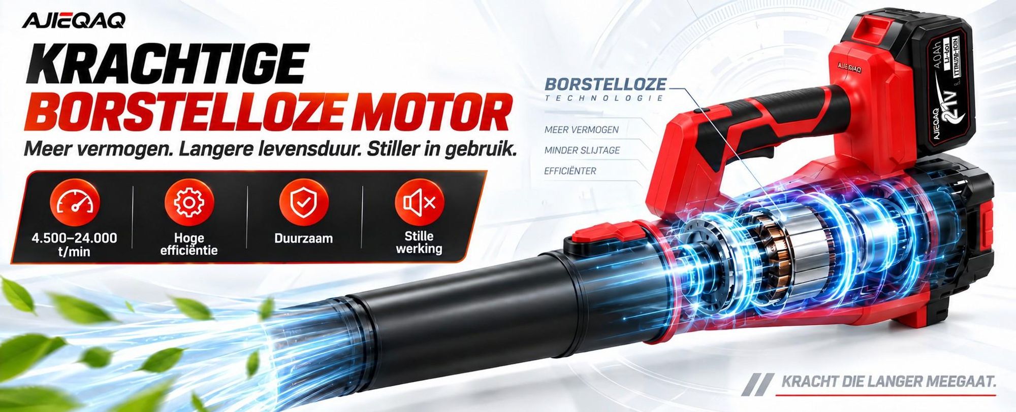 Accu Bladblazer 21V Brushless, 2×4,0Ah Accu’s, 320 km/u, 6 Standen met Turbo, 1000W, Draadloze Bladblazer met 2 Buizen