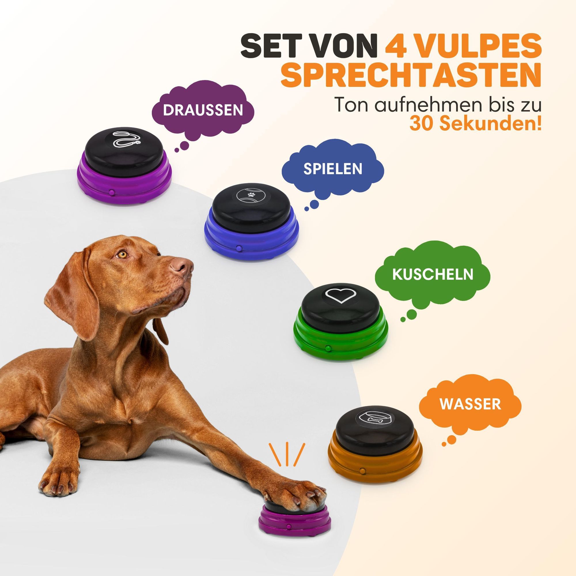 Vulpes Goods Hundeknöpfe, Hundetasten, Haustiertasten für Kommunikation, Hundespielzeug, Hundetraining, Mit 4 Tasten, Inklusive Trainingsaufkleber