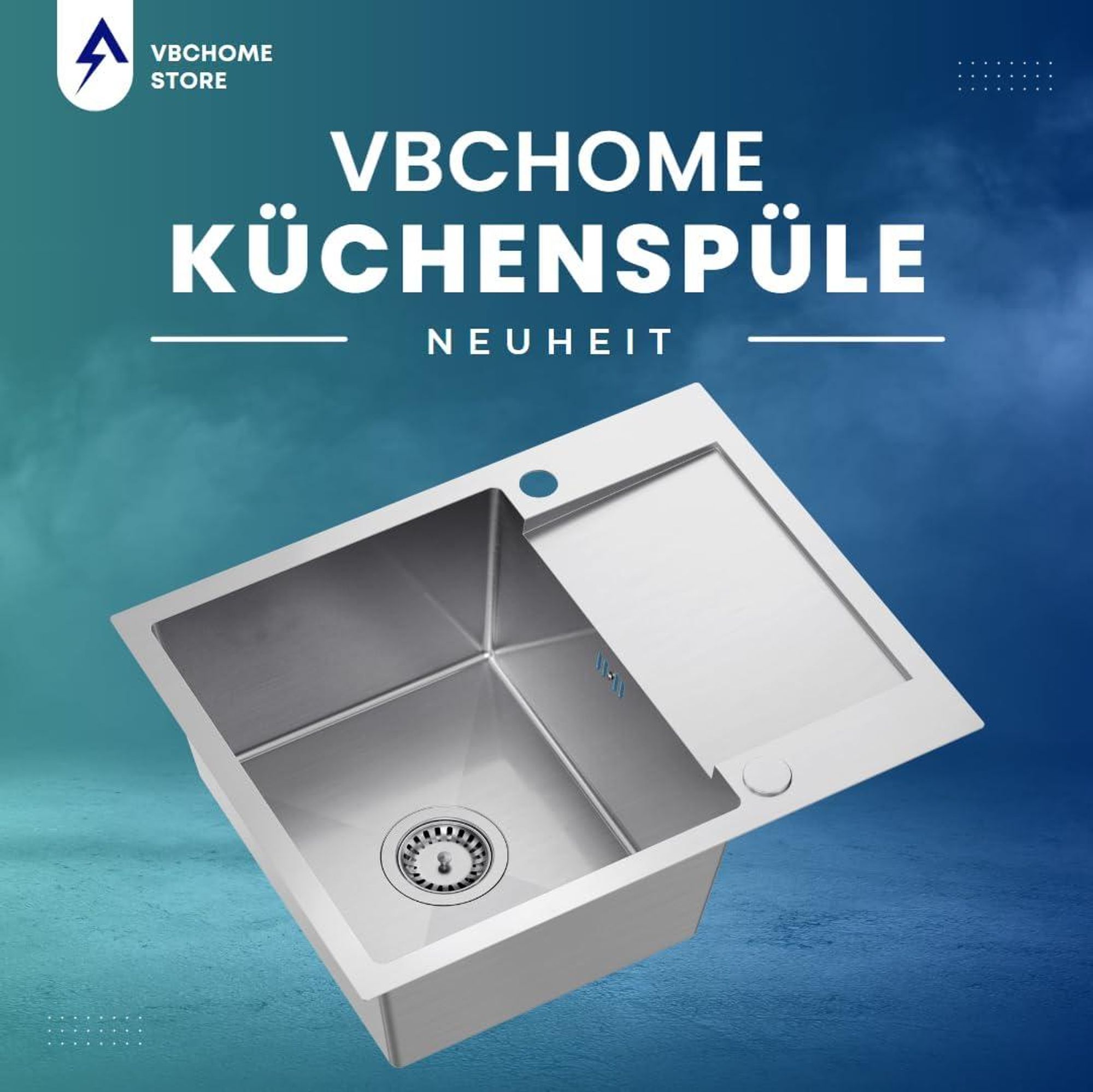 VBChome Edelstahlspüle 60 x 48 cm Gebürsteter Edelstahl Einbauspüle mit Zwei Löcher Spüle Groß Becken Küchenspüle mit Abtropffläche Siphon