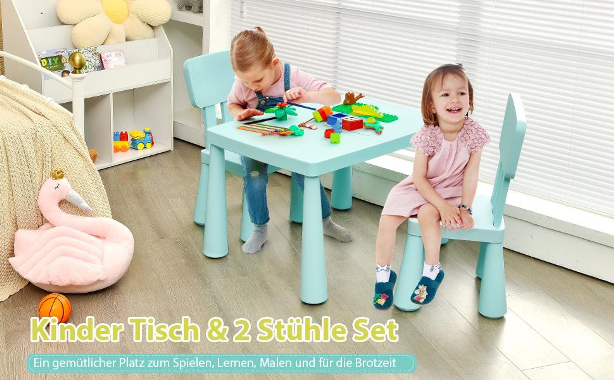 COSTWAY 3 tlg. Kindersitzgruppe, Kindertischgruppe, Kindertisch mit 2 Stühlen, Kindermöbel aus Kunststoff, Kinder-Tischset für Kinderzimmer Grün