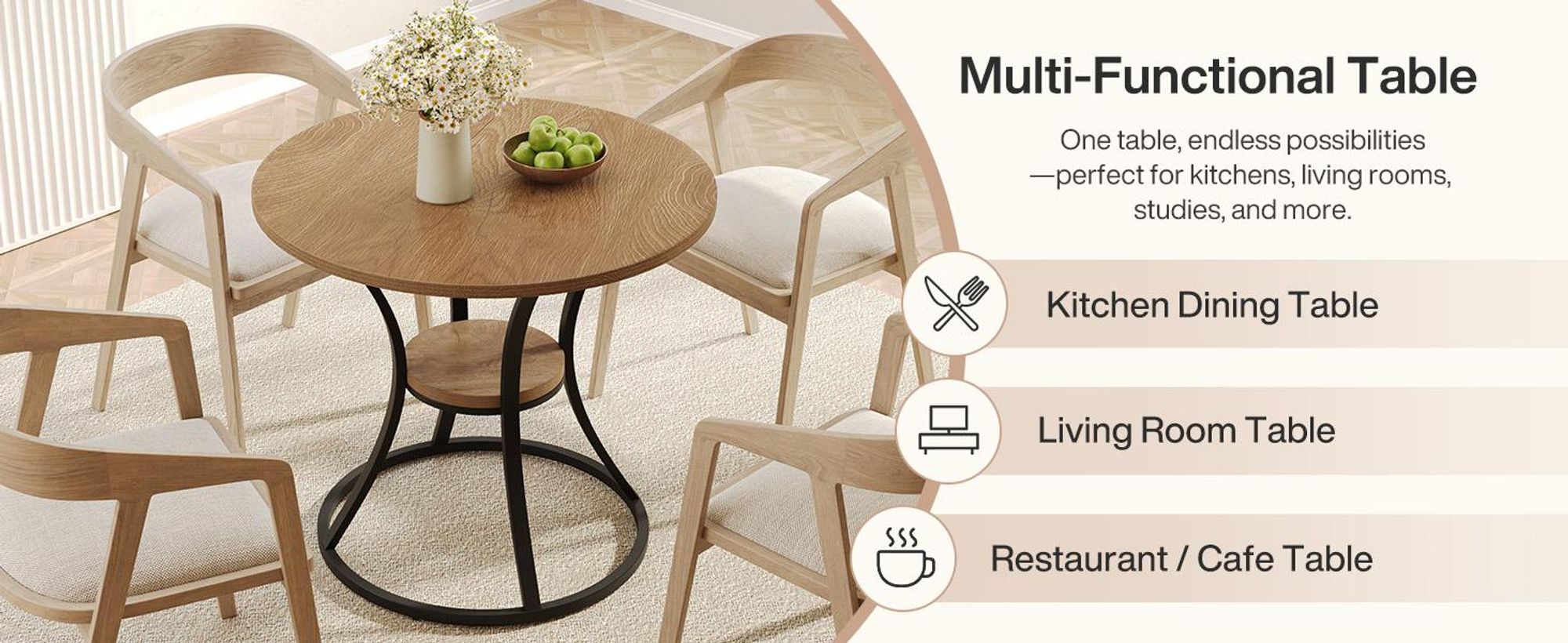 Kleiner runder Esstisch für 2–4 Personen, 80 cm großer Küchentisch für Esszimmer und Wohnzimmer, braun (nur Tisch)