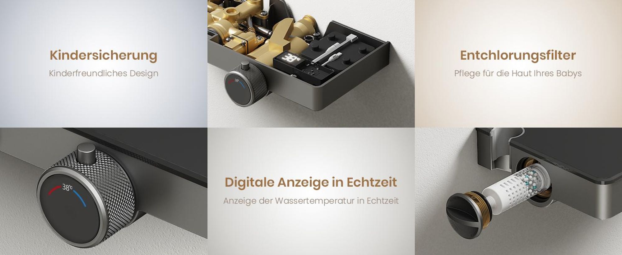 EMKE® Duschsystem mit Thermostat Matt Anthrazit mit Kinderdusche, Digitalanzeige & Chlorfilter 4 Ausgänge Familienfreundlich Duschsäule F23