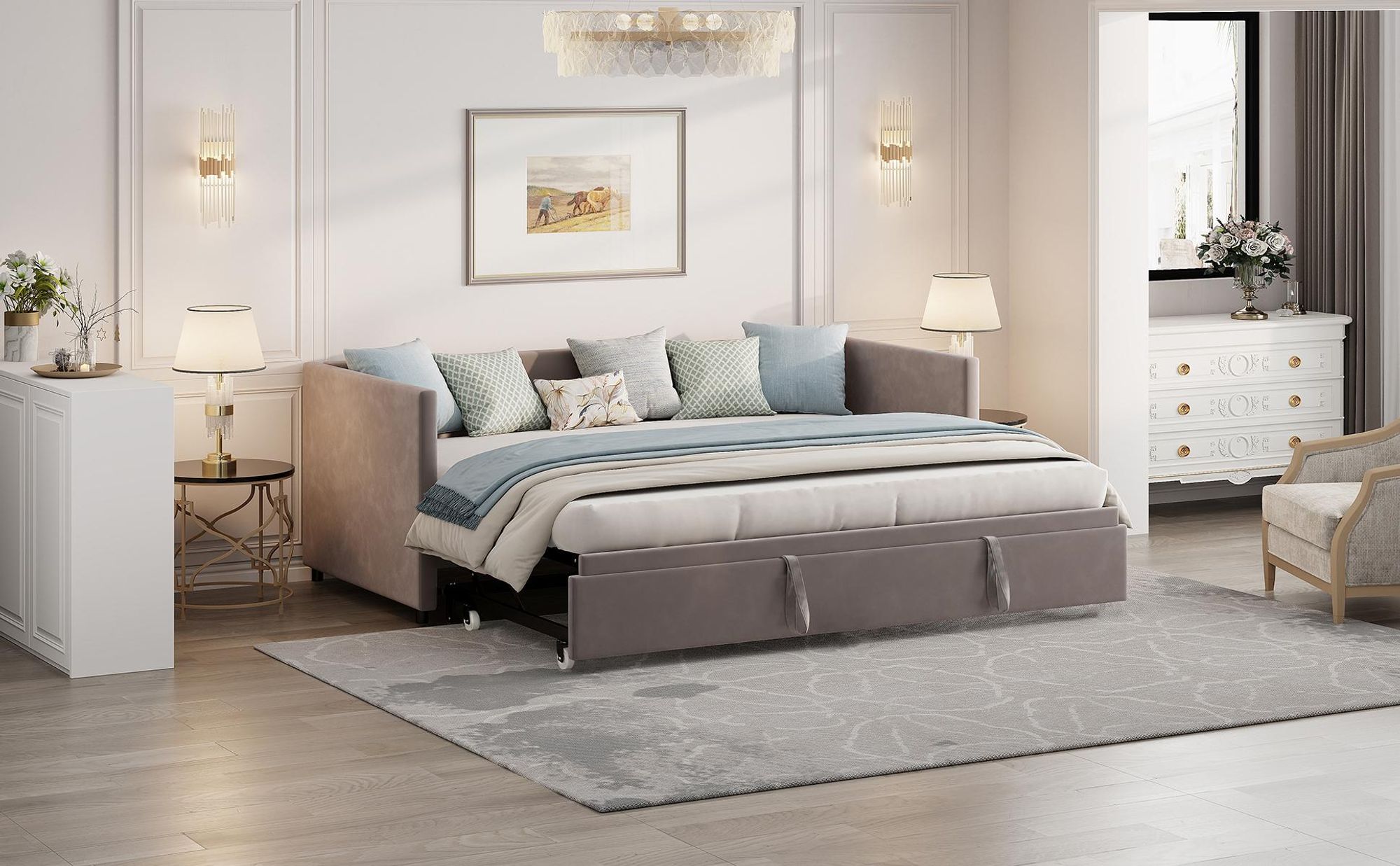 INONEFT Schlafsofa 90/180 x 200 cm, Tagesbett Ausziehbar Sofabett mit Lattenrosten, Polsterbett für Erwachsene, Samtstoff, ohne Matratze, Grau