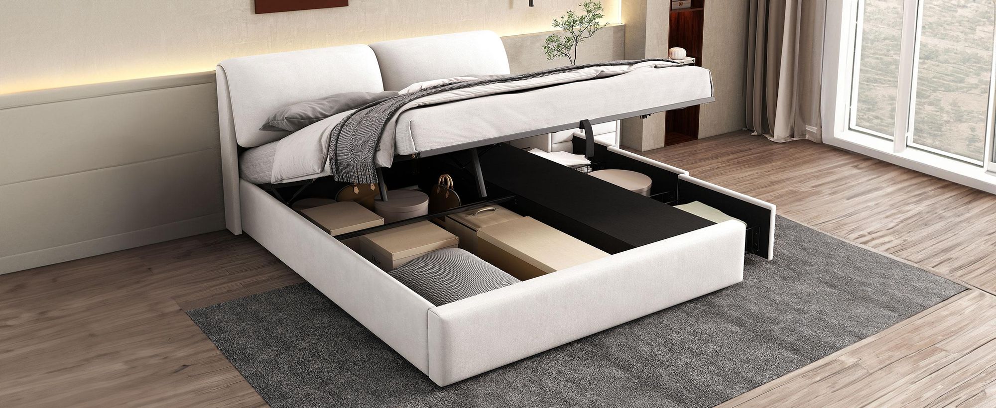 MODFU Boxspringbett Hydraulisches 180 x 200 cm mit Kopfteil, Polsterbett Funktionelles mit 3 Schubladen, Doppelbett Stauraumbett mit Bettkasten Stauraum, Samt Weiß(Ohne Matratze)
