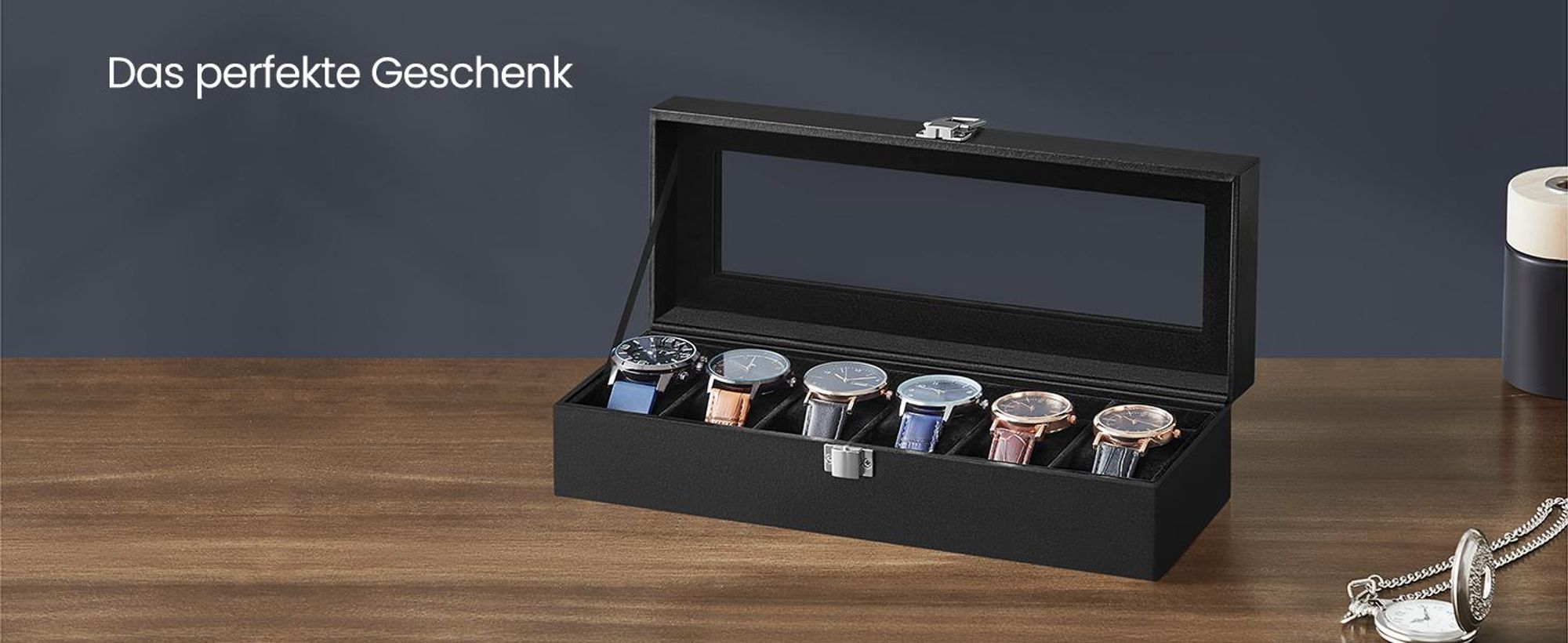 SONGMICS Uhrenbox mit 6 Fächern, Uhrenkasten, Glasdeckel, herausnehmbare Uhrenkissen, Metallverschluss, PolyurethanBezug in Schwarz, Samtfutter in Schwarz
