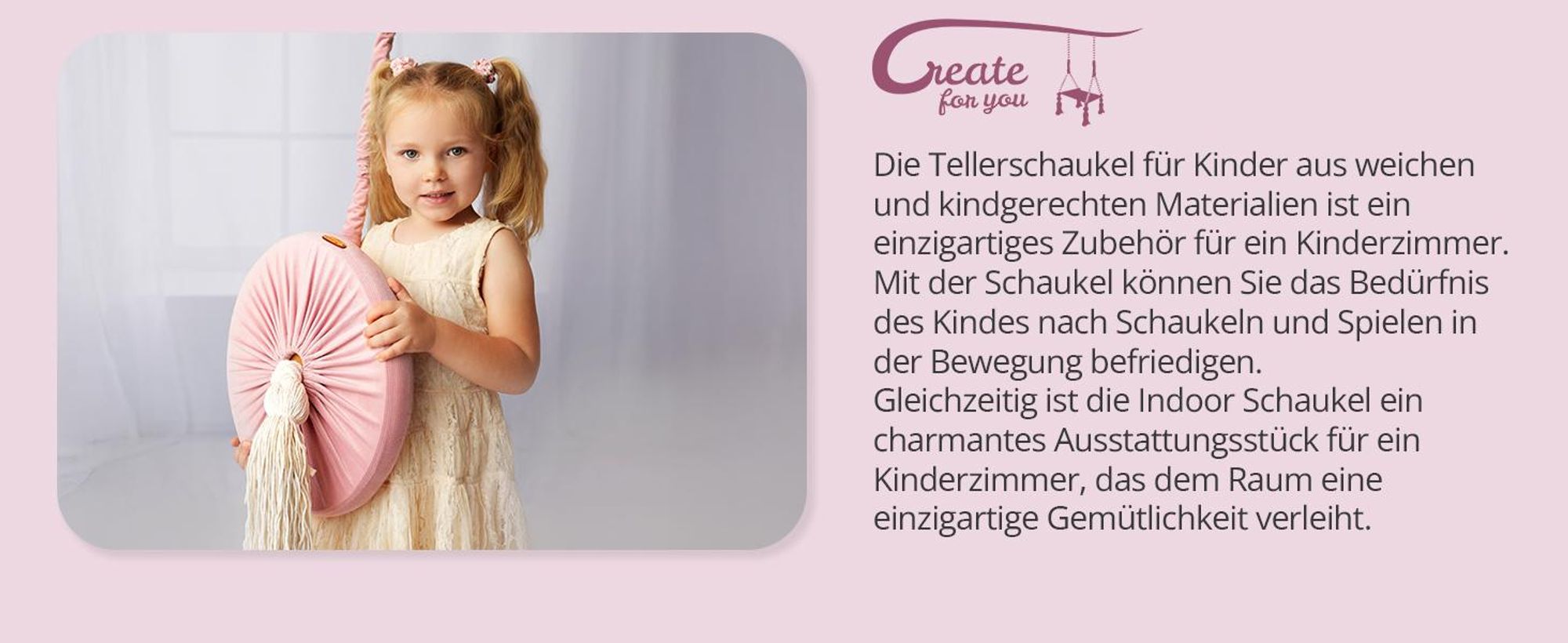 Create for you® - Ring Schaukel für Kinder Indoor, mit Baumwollseil, Runde Kinderschaukel, Weicher Sitz, Durchmesser 36 cm, Rosa
